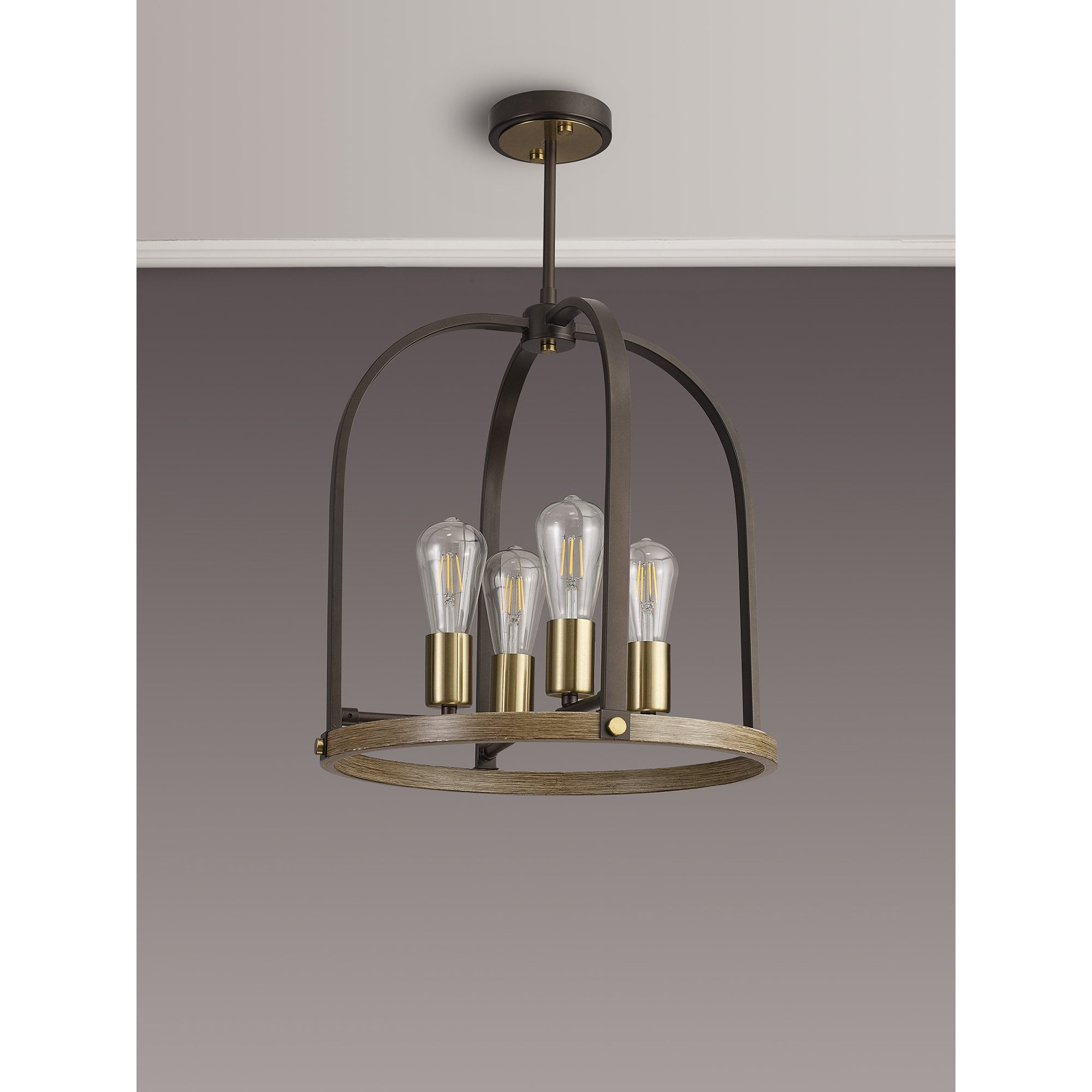 Fabula Faversham 4 Light Round Pendant - Antique Bronze, Brown Oxide & Wood