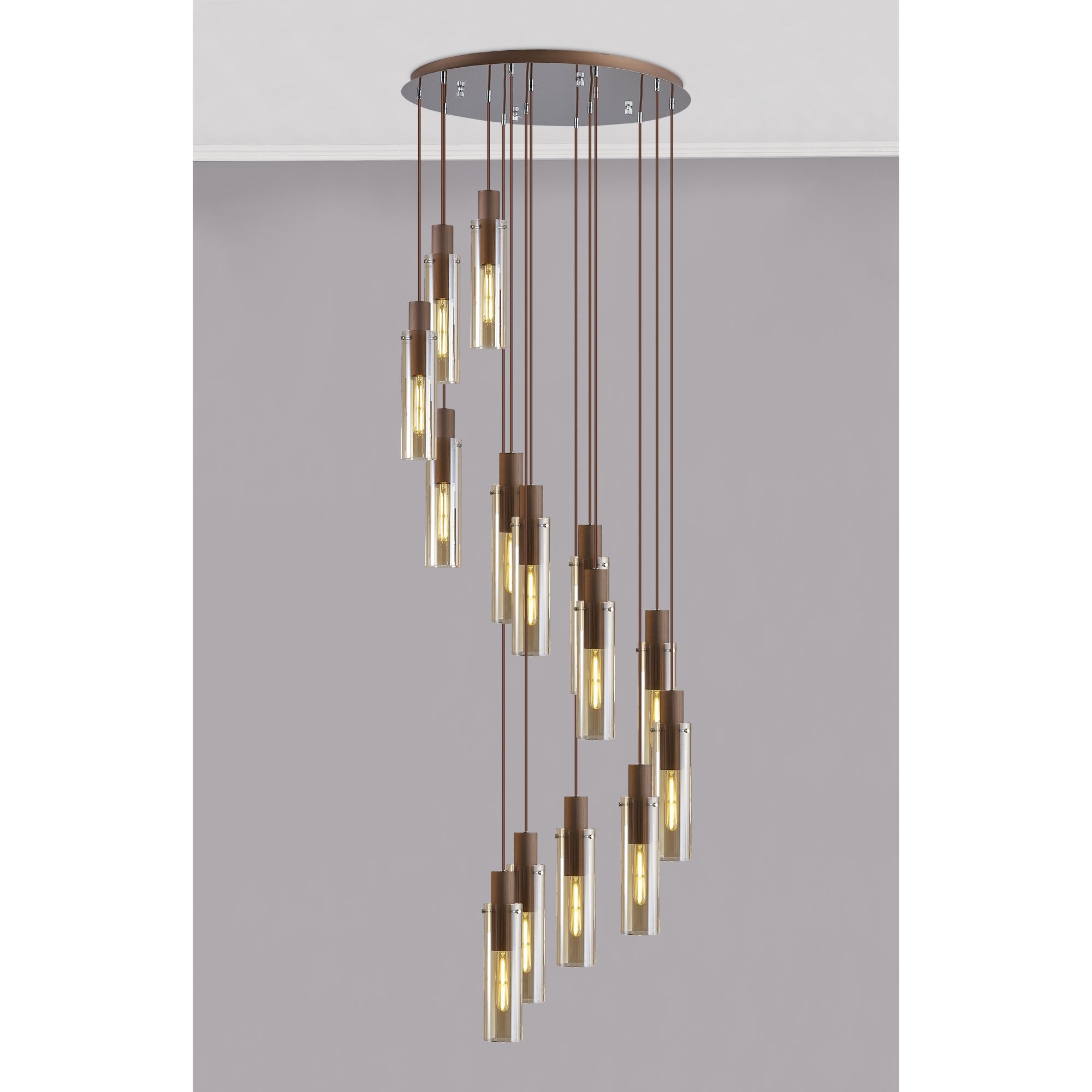 Fabula Kingfisher Adjustable 15 Light Round Pendant - Mocha & Amber Glass