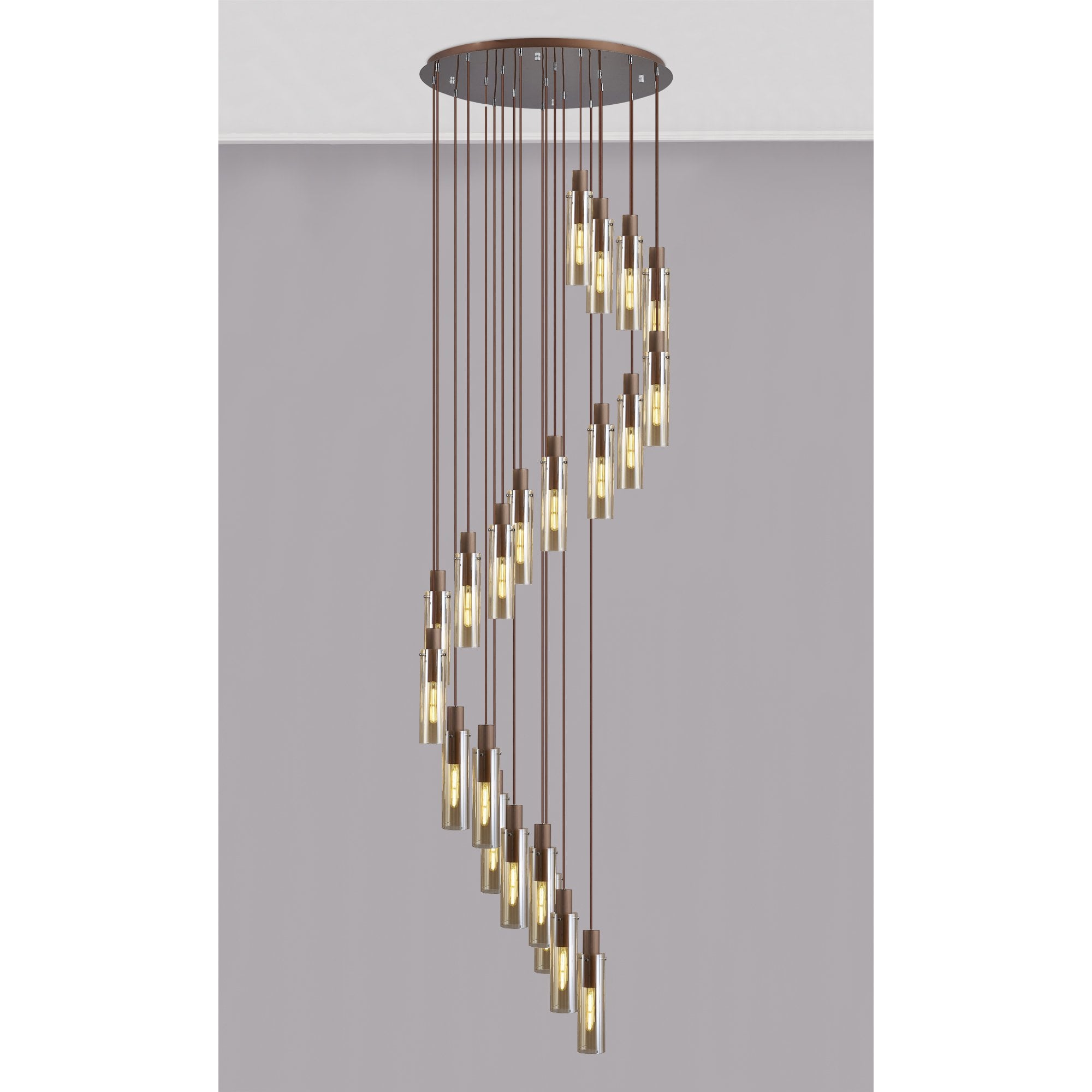 Fabula Kingfisher Adjustable 21 Light Round Pendant - Mocha & Amber Glass