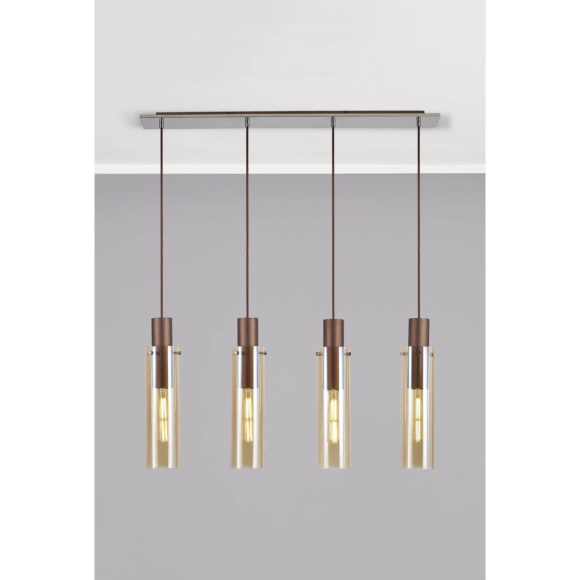 Fabula Kingfisher Adjustable 4 Light Linear Pendant - Mocha & Amber Glass