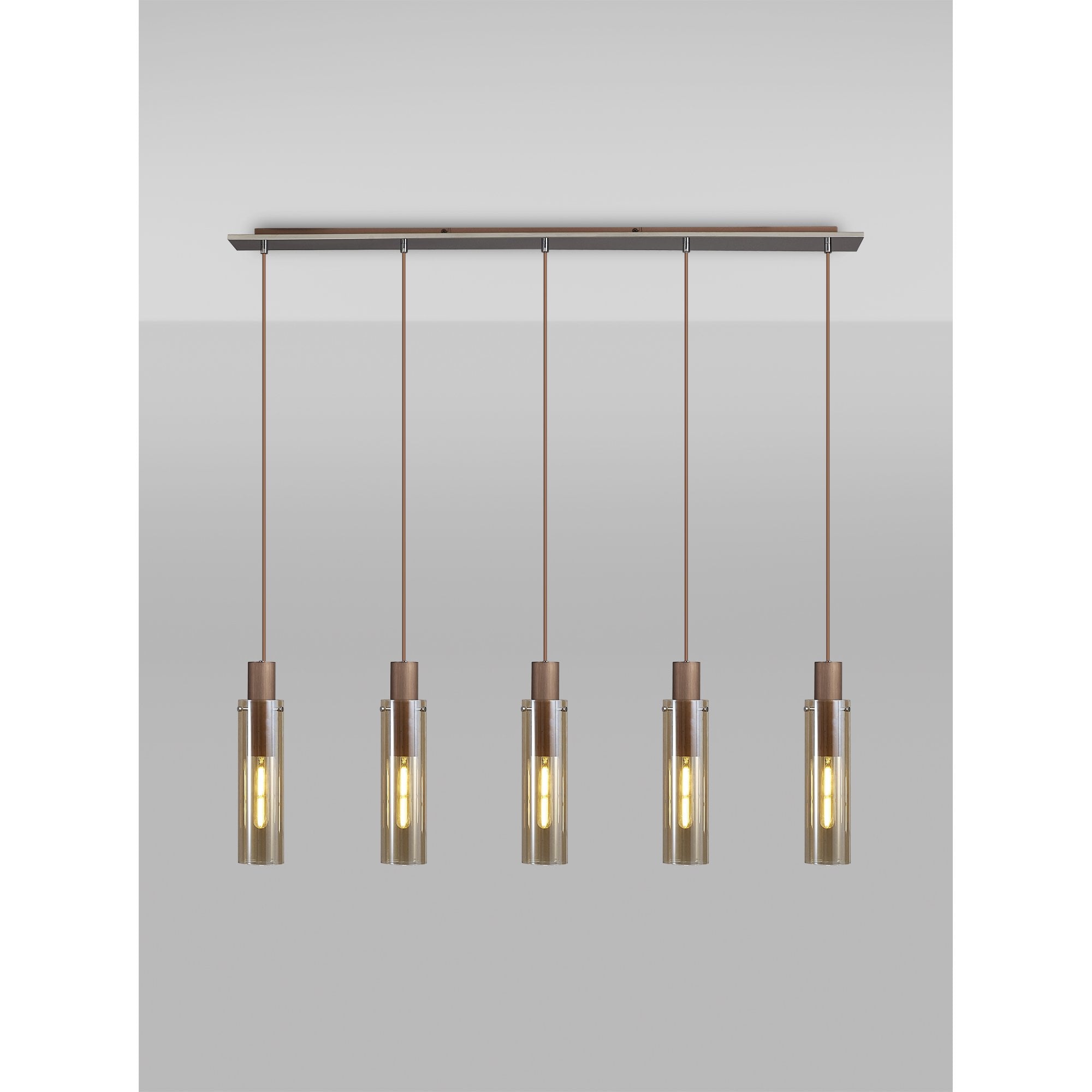 Fabula Kingfisher Adjustable 5 Light Linear Pendant - Mocha & Amber Glass
