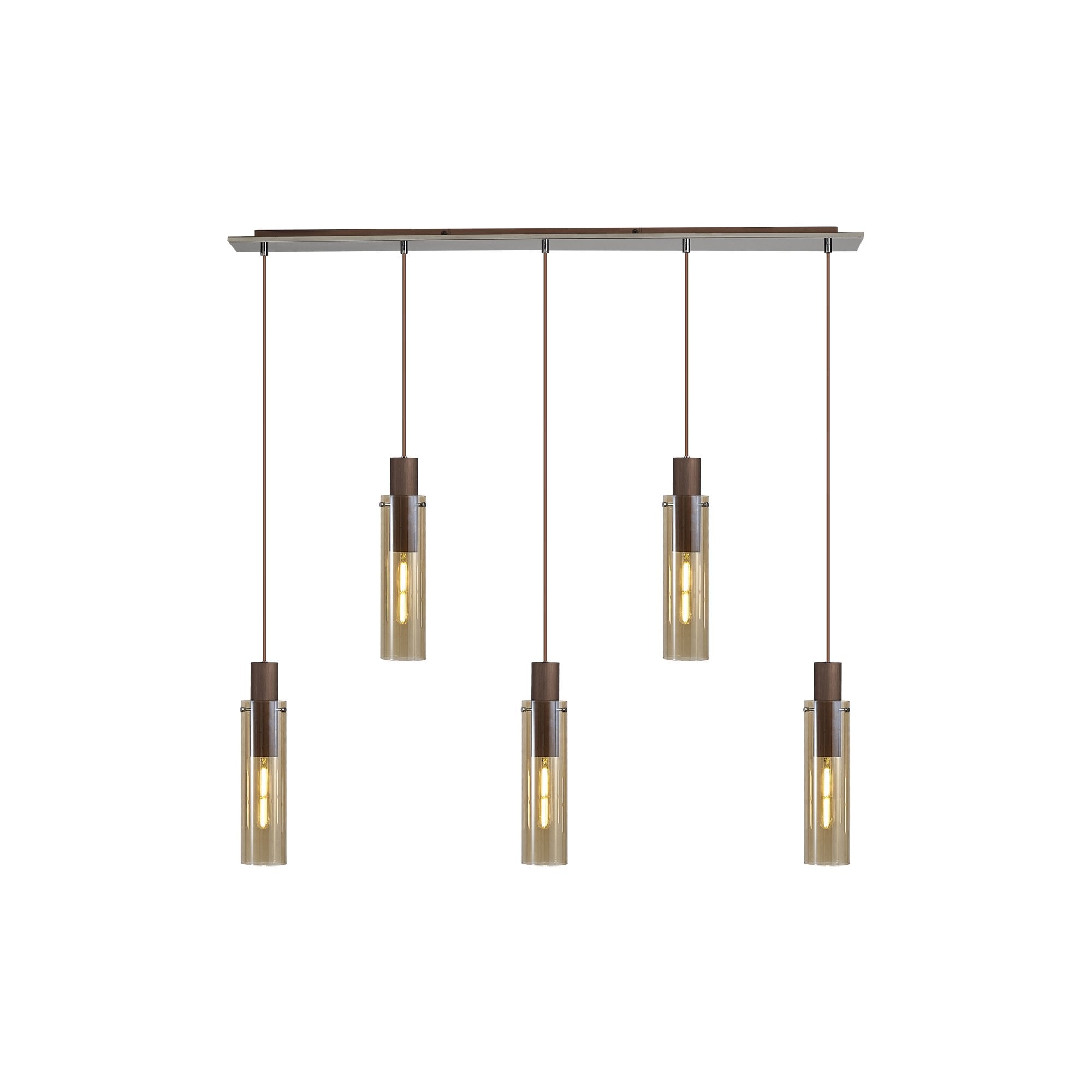 Fabula Kingfisher Adjustable 5 Light Linear Pendant - Mocha & Amber Glass