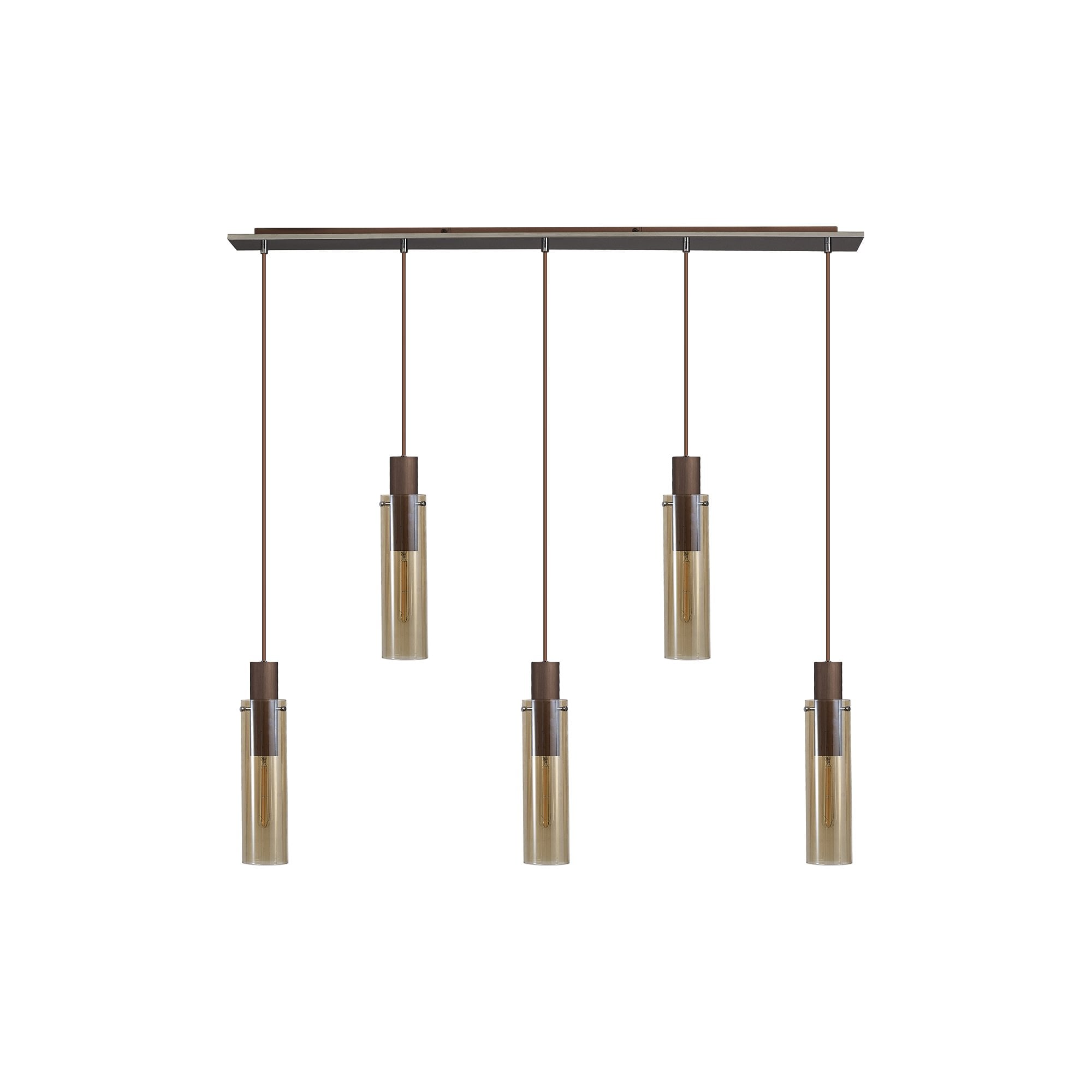 Fabula Kingfisher Adjustable 5 Light Linear Pendant - Mocha & Amber Glass