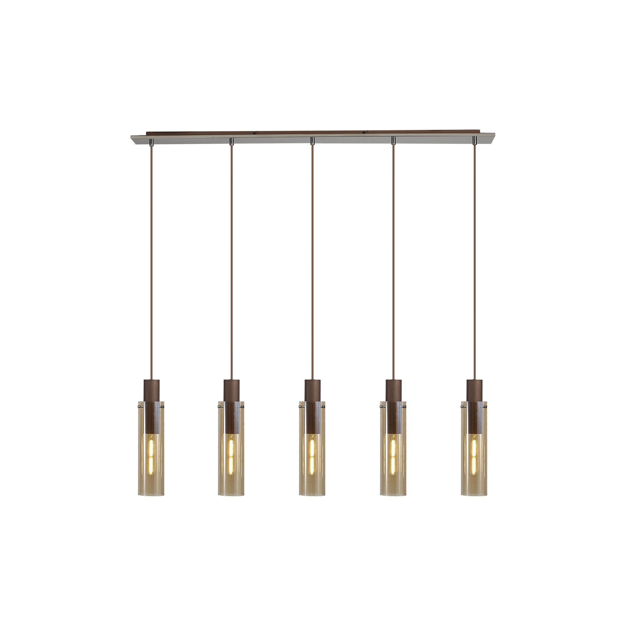 Fabula Kingfisher Adjustable 5 Light Linear Pendant - Mocha & Amber Glass