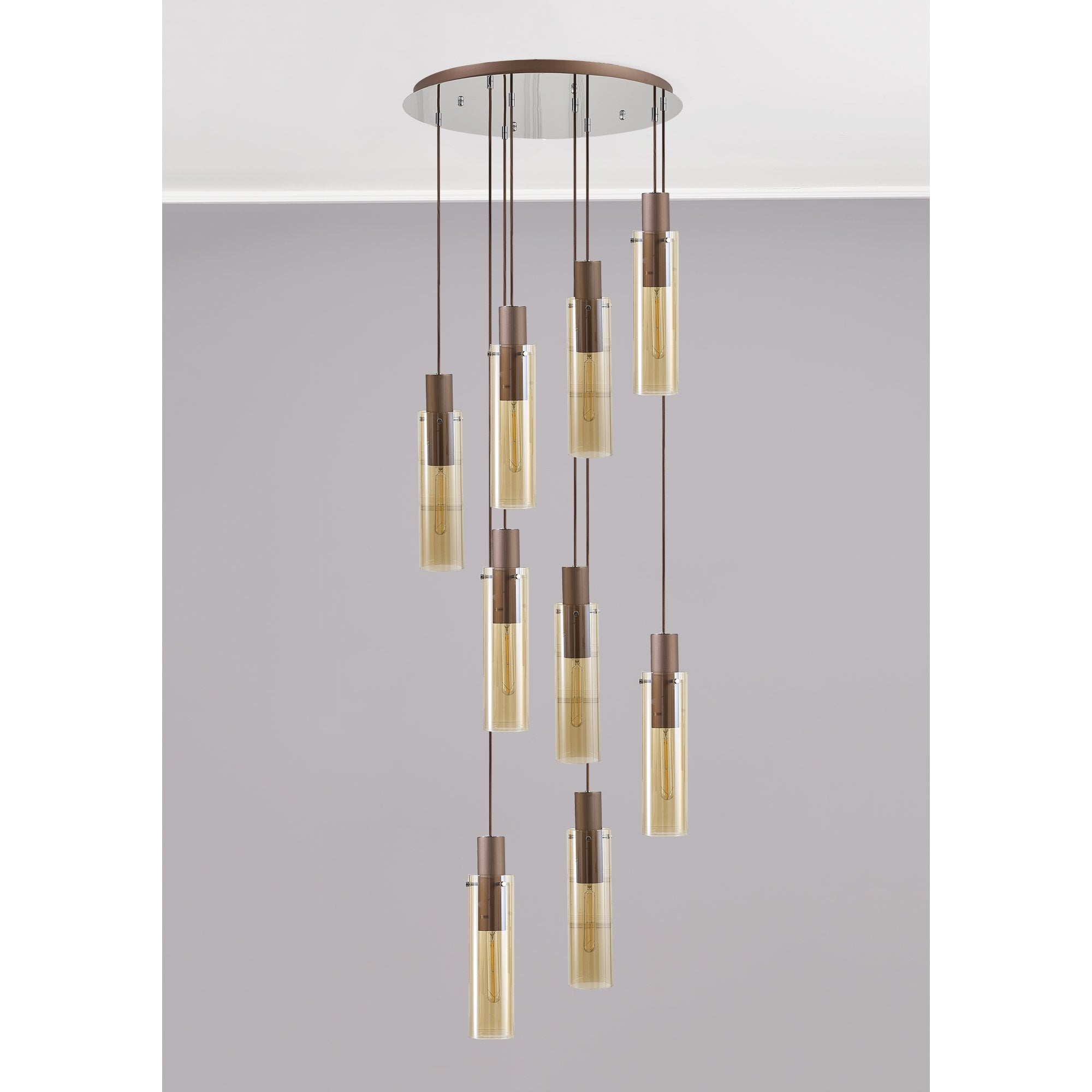 Fabula Kingfisher Adjustable 9 Light Round Pendant - Mocha & Amber Glass