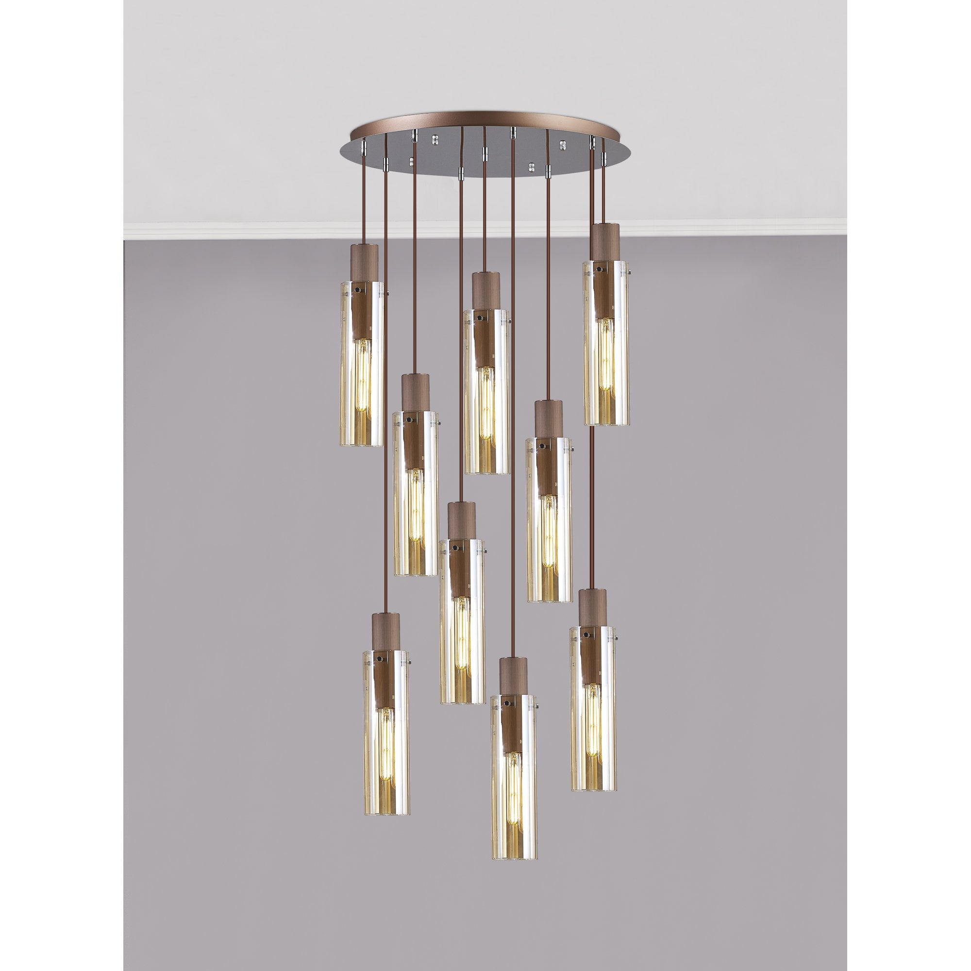 Fabula Kingfisher Adjustable 9 Light Round Pendant - Mocha & Amber Glass