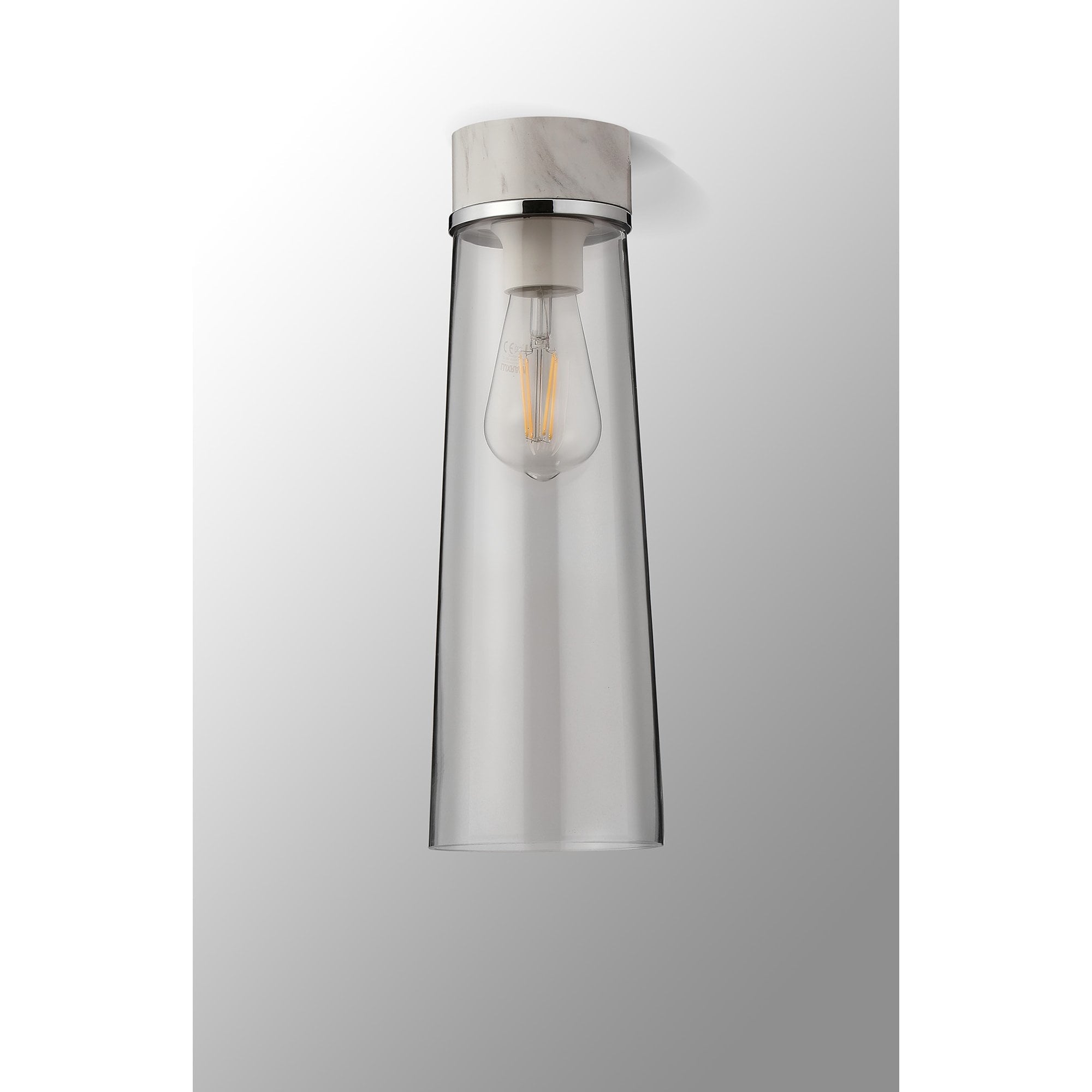 Fabula Laurel Single Flush Light - Large Cylindrical Cone Shade - White Marble & Clear Glass
