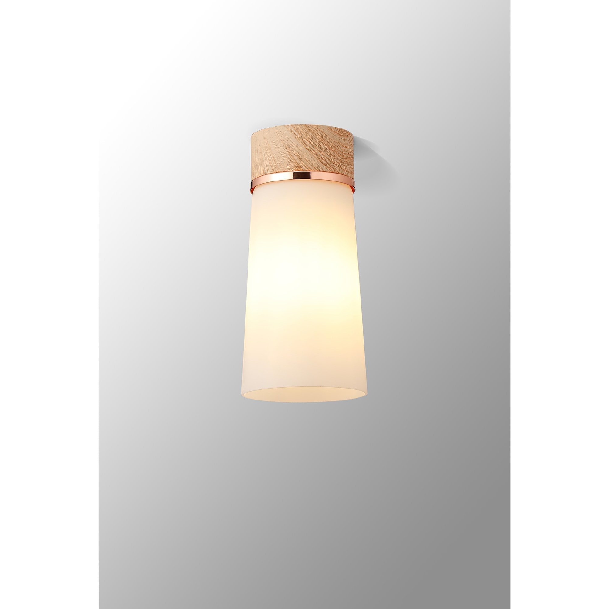 Fabula Laurel Single Flush Light - Small Cylindrical Cone Shade - Teak & Opal Glass