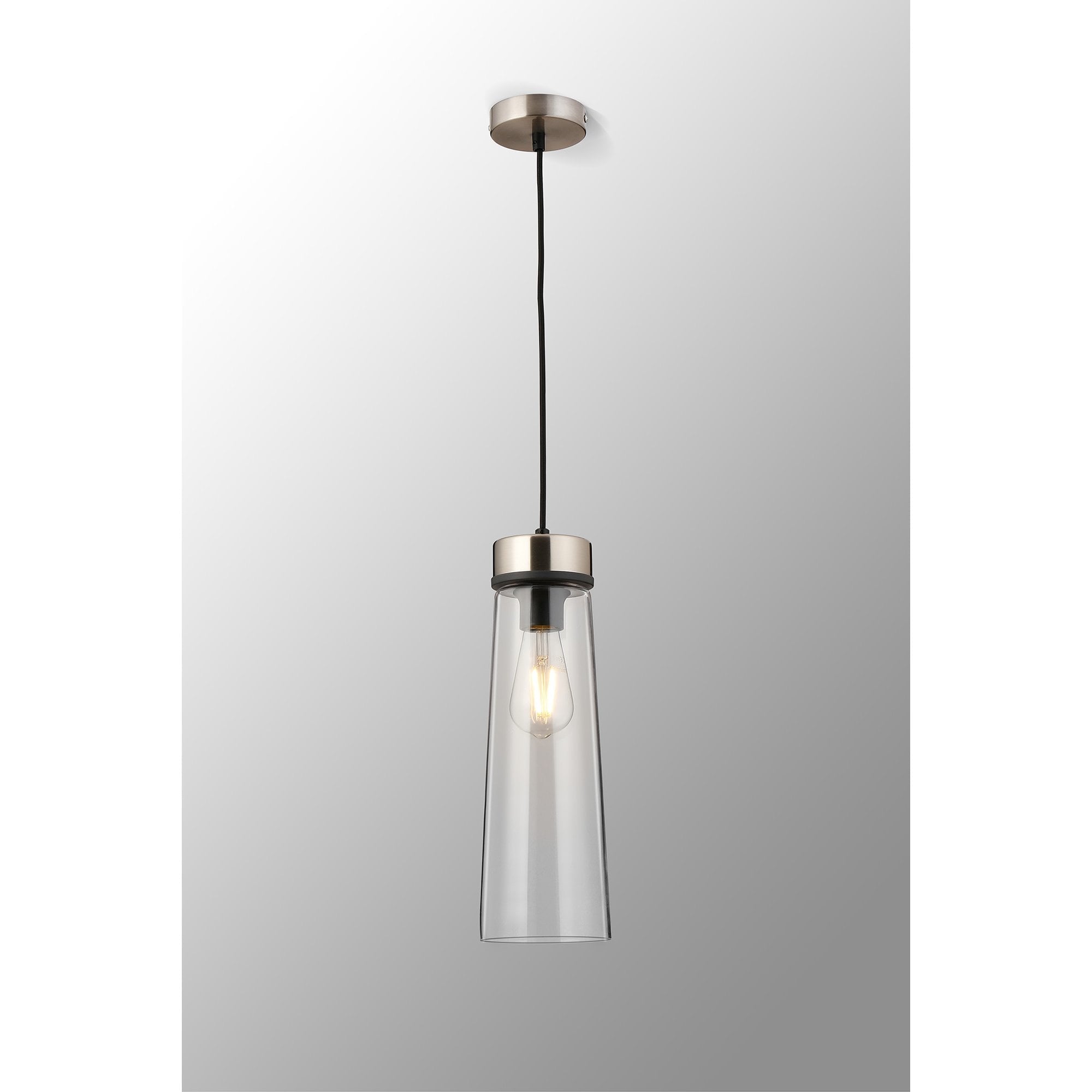 Fabula Laurel Single Pendant - Large Cylindrical Cone Shade - Satin Nickel & Clear Glass