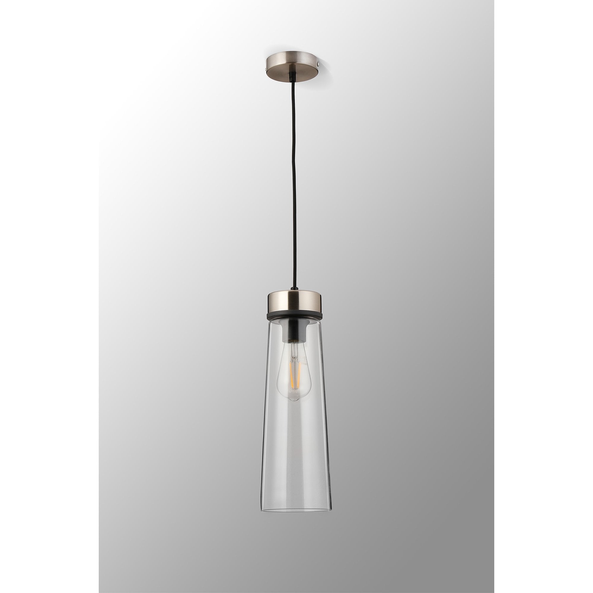 Fabula Laurel Single Pendant - Large Cylindrical Cone Shade - Satin Nickel & Clear Glass