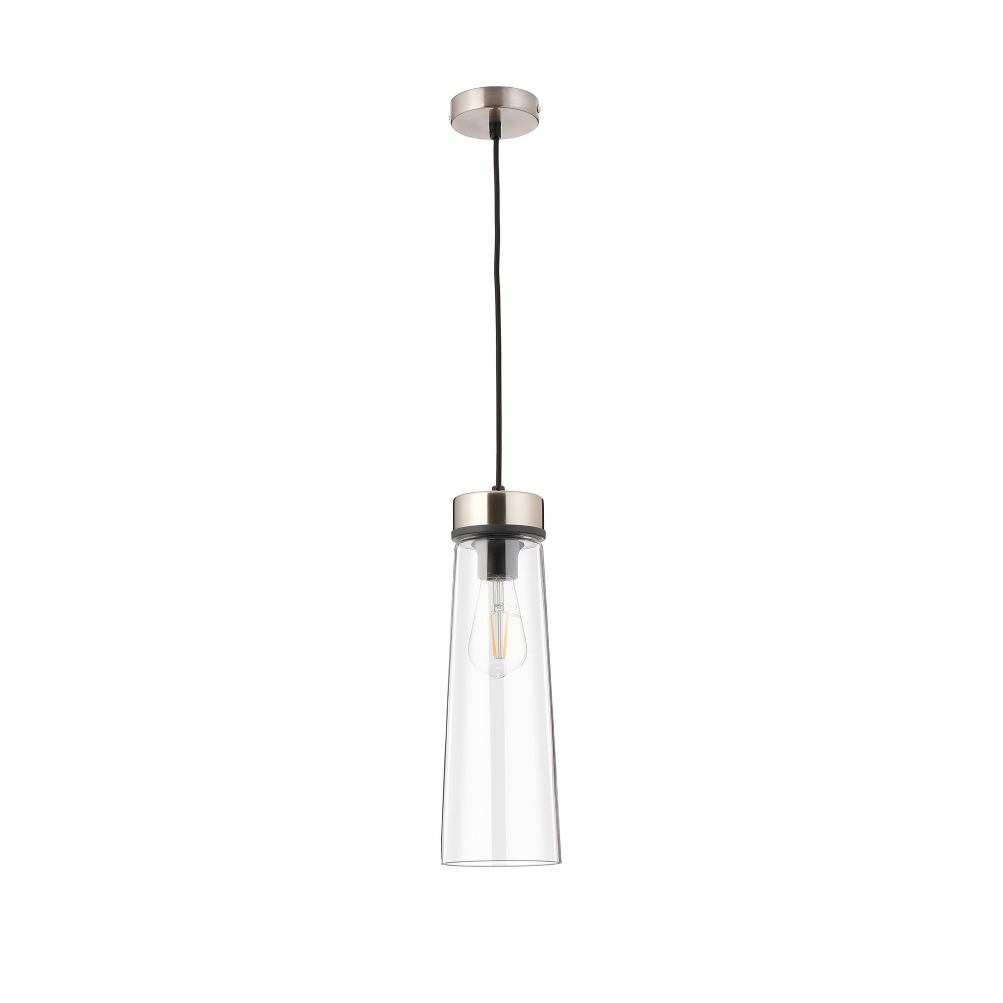 Fabula Laurel Single Pendant - Large Cylindrical Cone Shade - Satin Nickel & Clear Glass