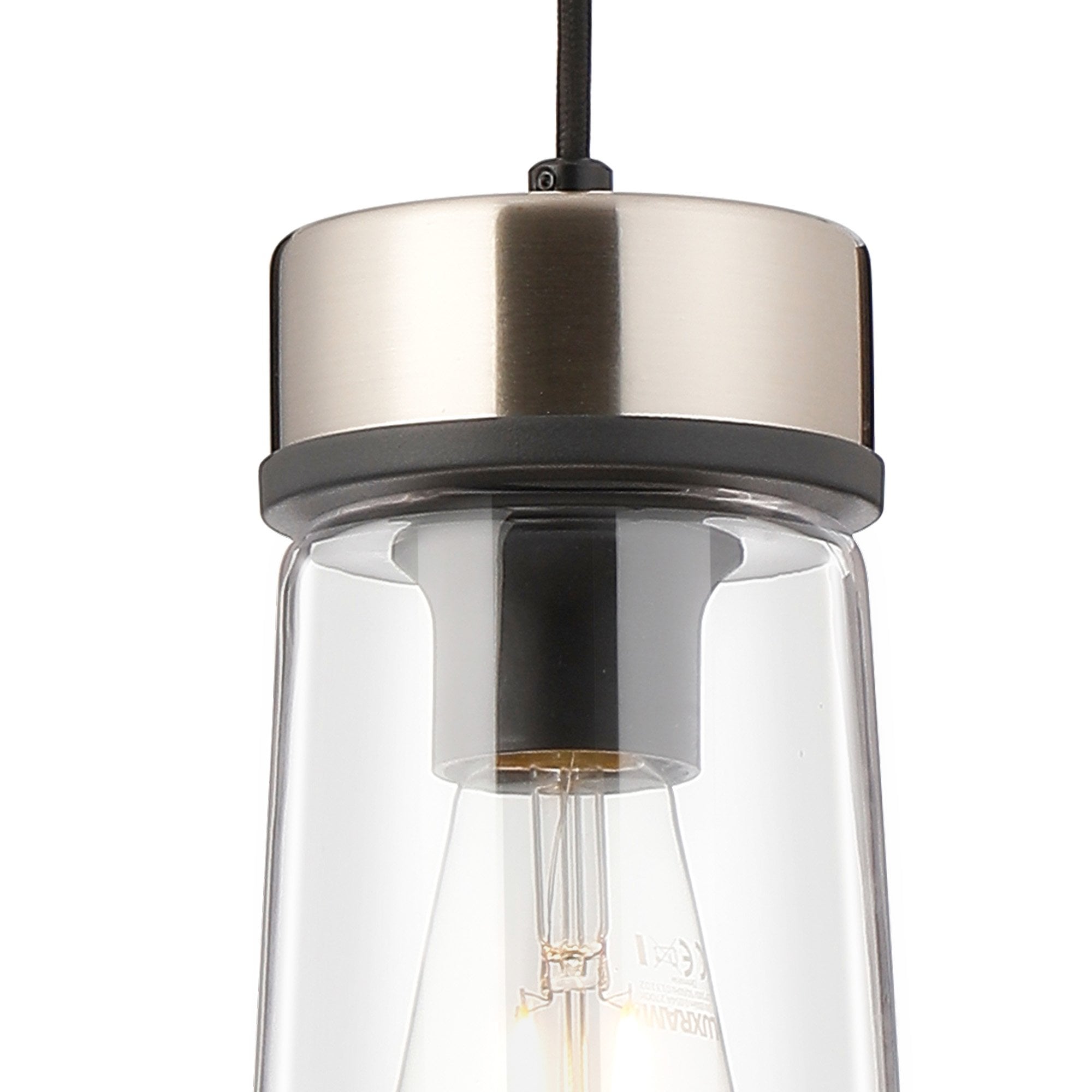Fabula Laurel Single Pendant - Large Cylindrical Cone Shade - Satin Nickel & Clear Glass
