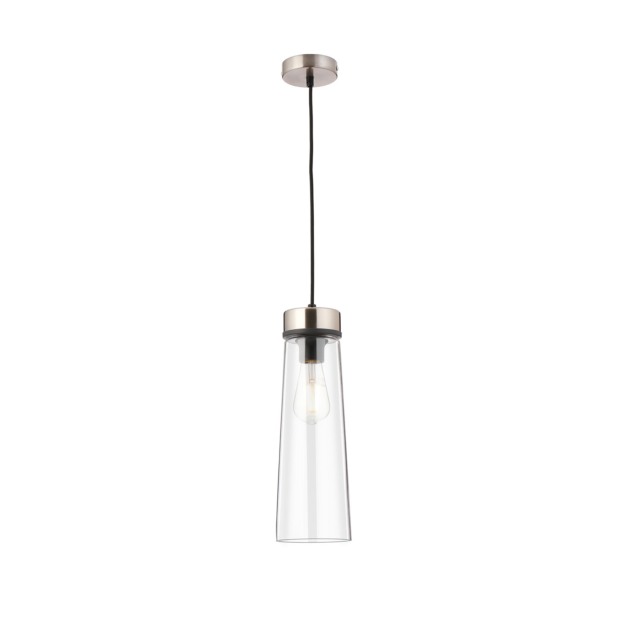 Fabula Laurel Single Pendant - Large Cylindrical Cone Shade - Satin Nickel & Clear Glass