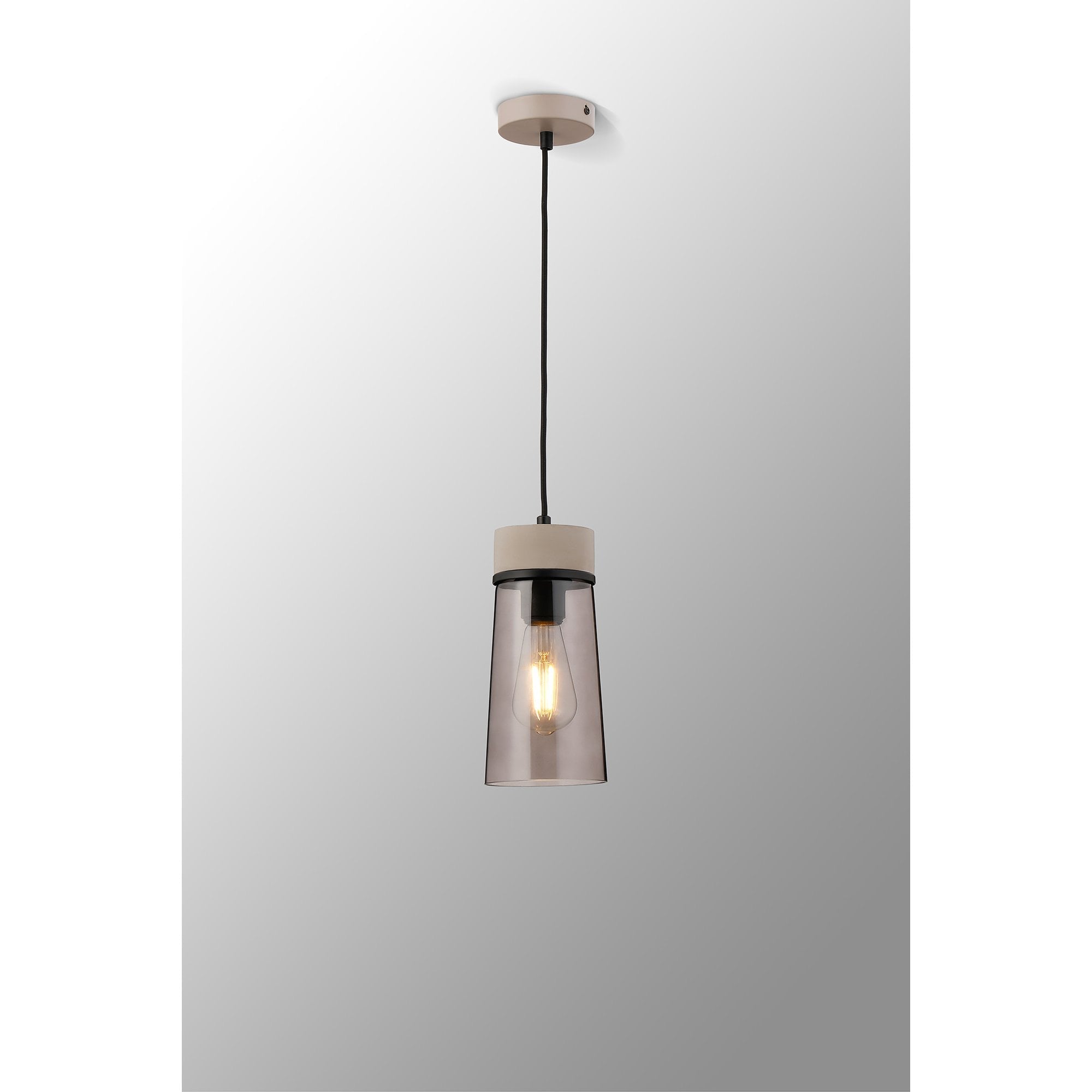Fabula Laurel Single Pendant - Small Cylindrical Cone Shade - Concrete & Smoked Grey Glass