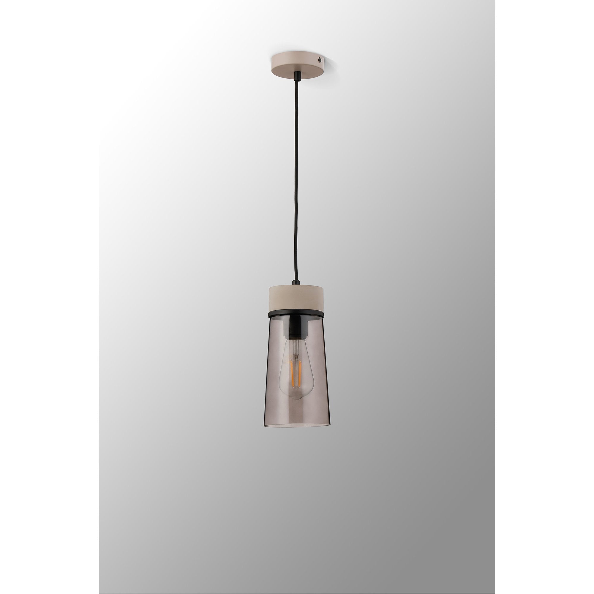 Fabula Laurel Single Pendant - Small Cylindrical Cone Shade - Concrete & Smoked Grey Glass