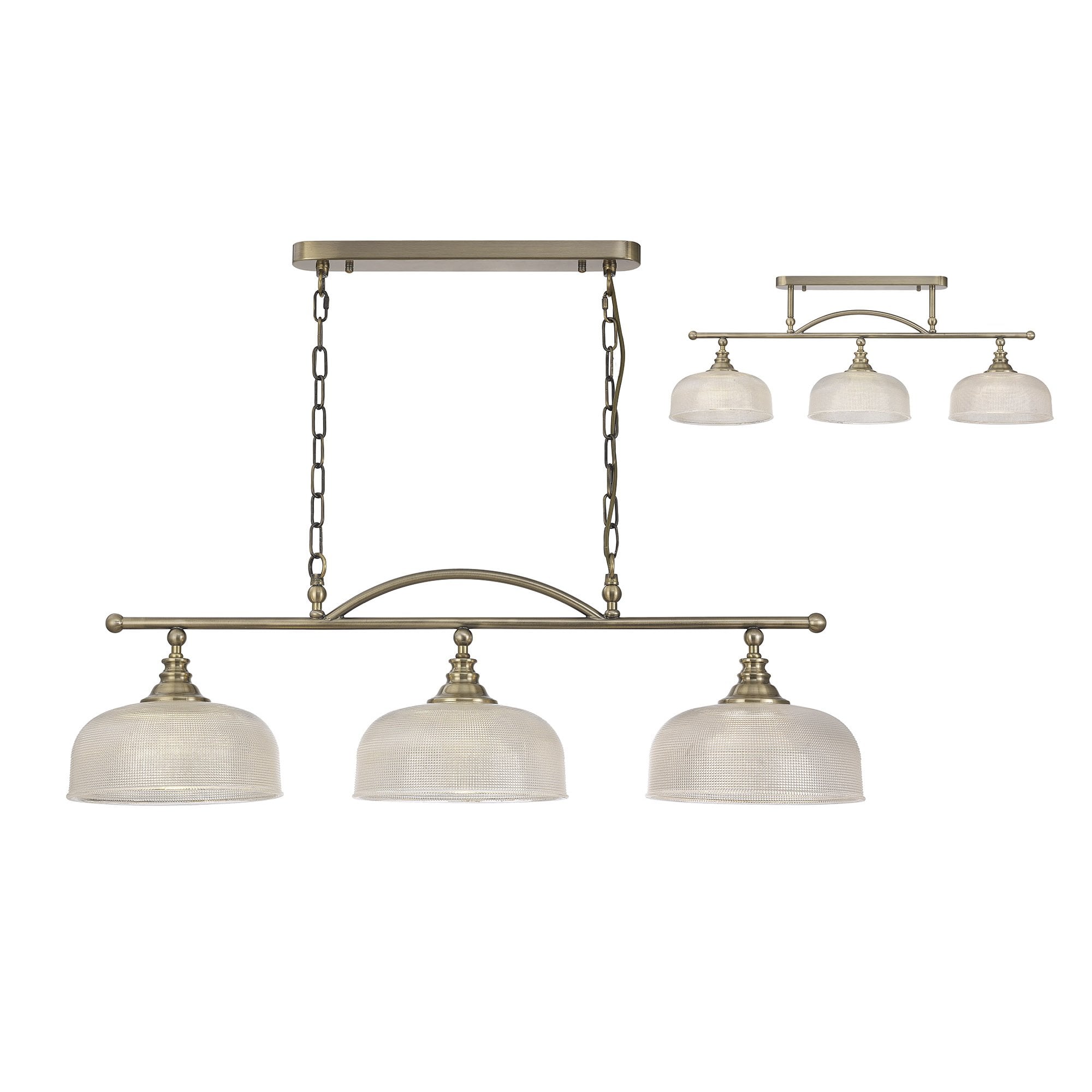 Fabula Maida 3 Light Linear Semi-Flush/Pendant - Antique Brass & Prismatic Glass