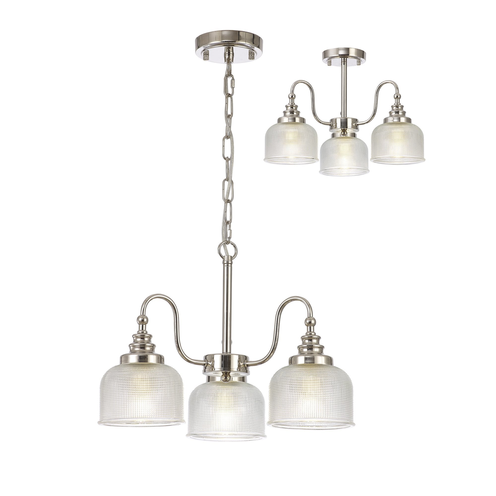 Fabula Maida 3 Light Semi-Flush/Pendant - Polished Nickel & Prismatic Glass