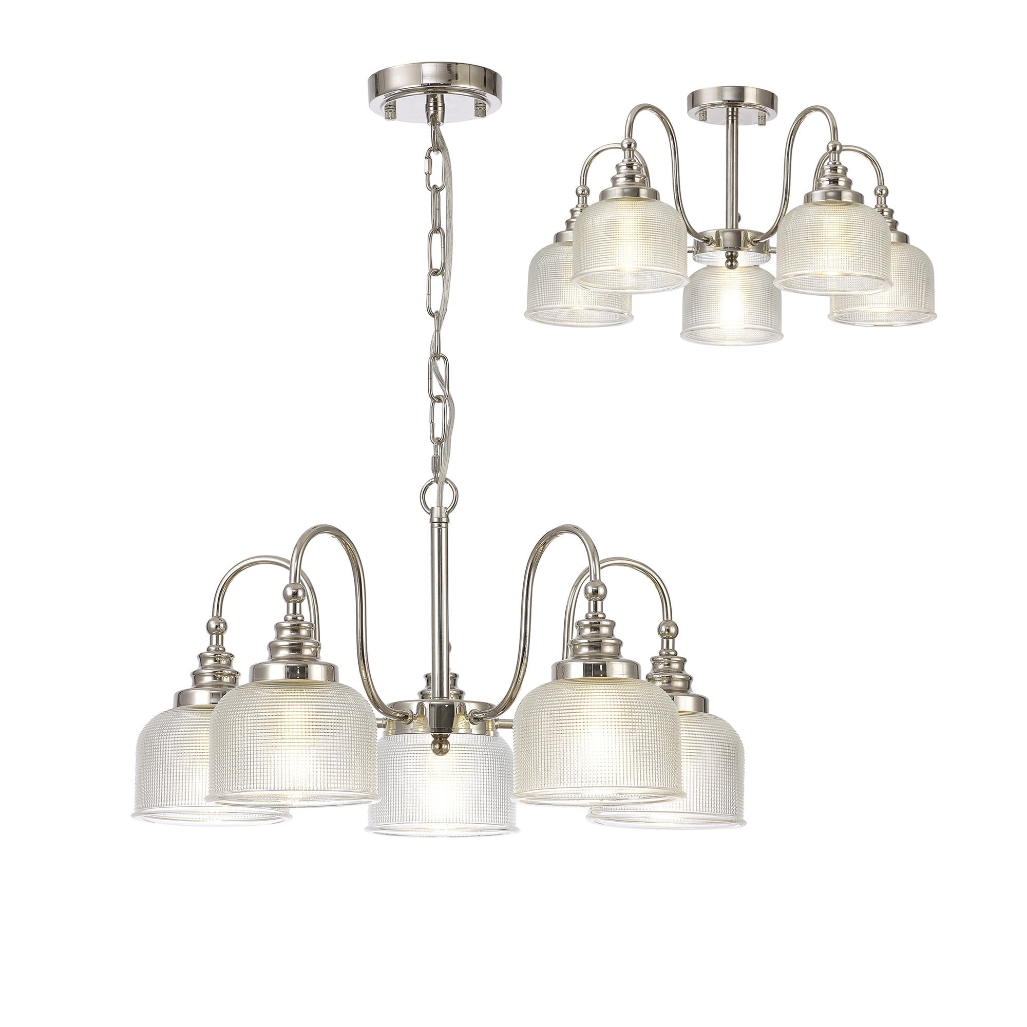 Fabula Maida 5 Light Semi-Flush/Pendant - Polished Nickel & Prismatic Glass