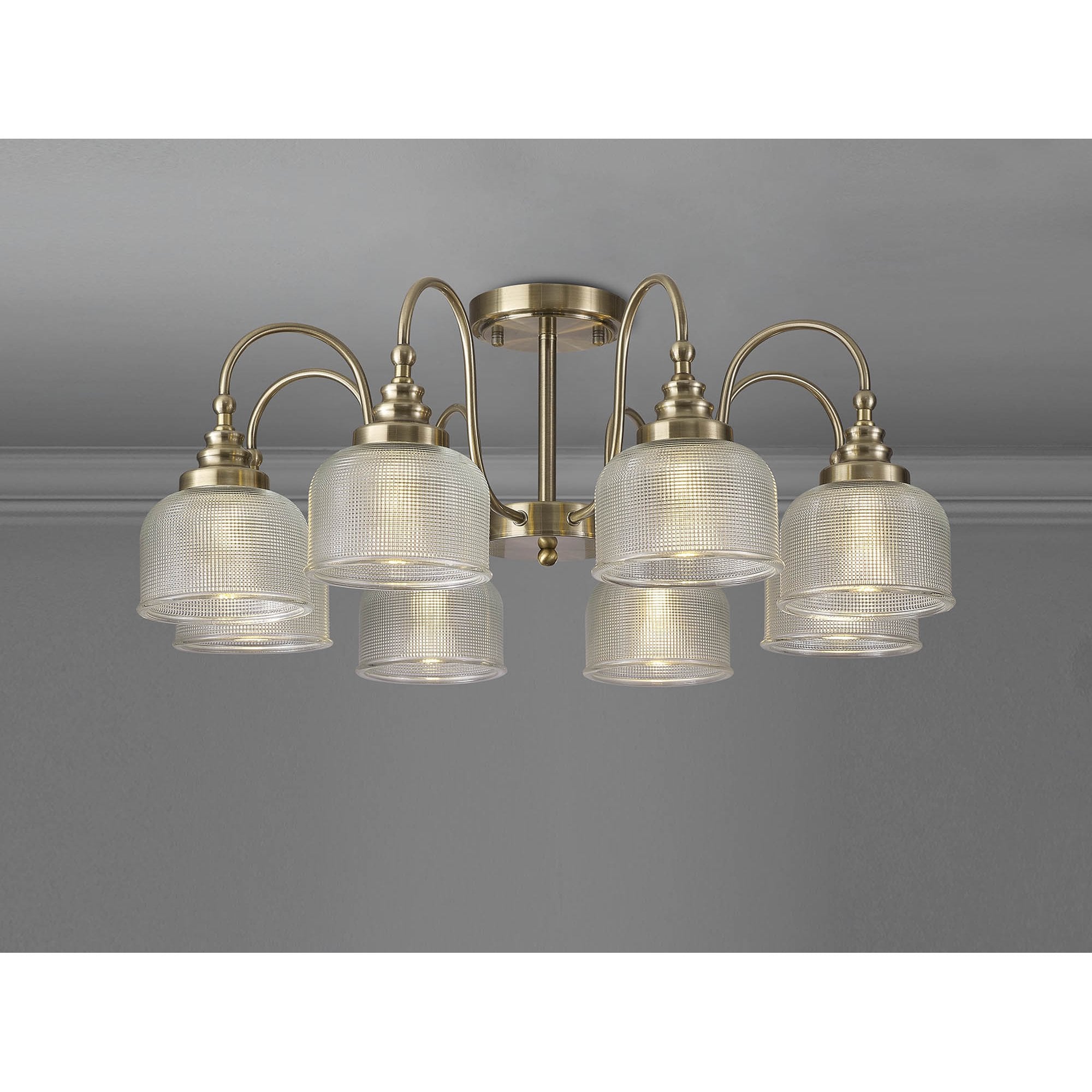 Fabula Maida 8 Light Semi-Flush/Pendant - Antique Brass & Prismatic Glass