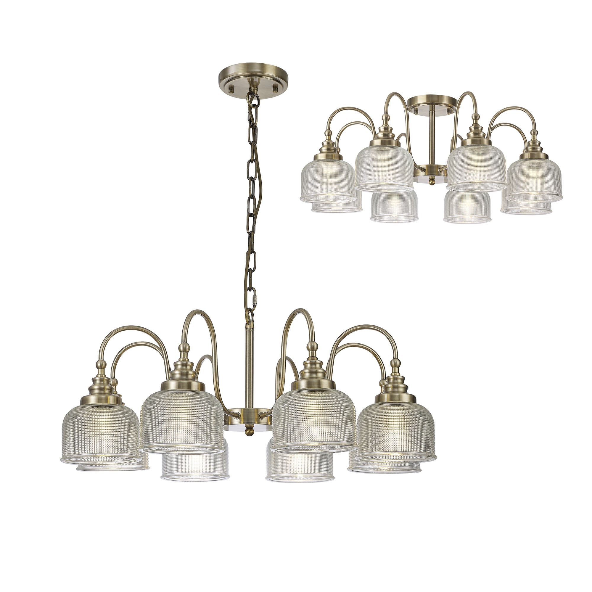 Fabula Maida 8 Light Semi-Flush/Pendant - Antique Brass & Prismatic Glass
