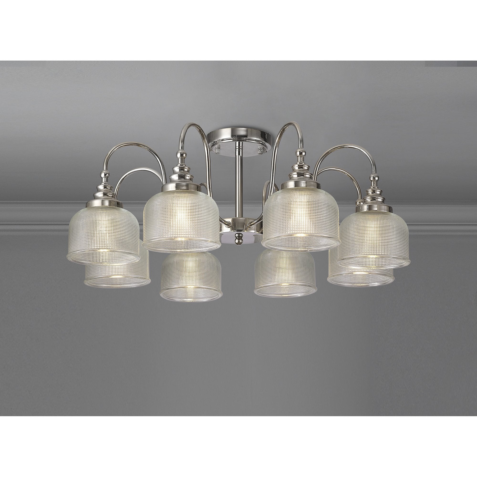 Fabula Maida 8 Light Semi-Flush/Pendant - Polished Nickel & Prismatic Glass