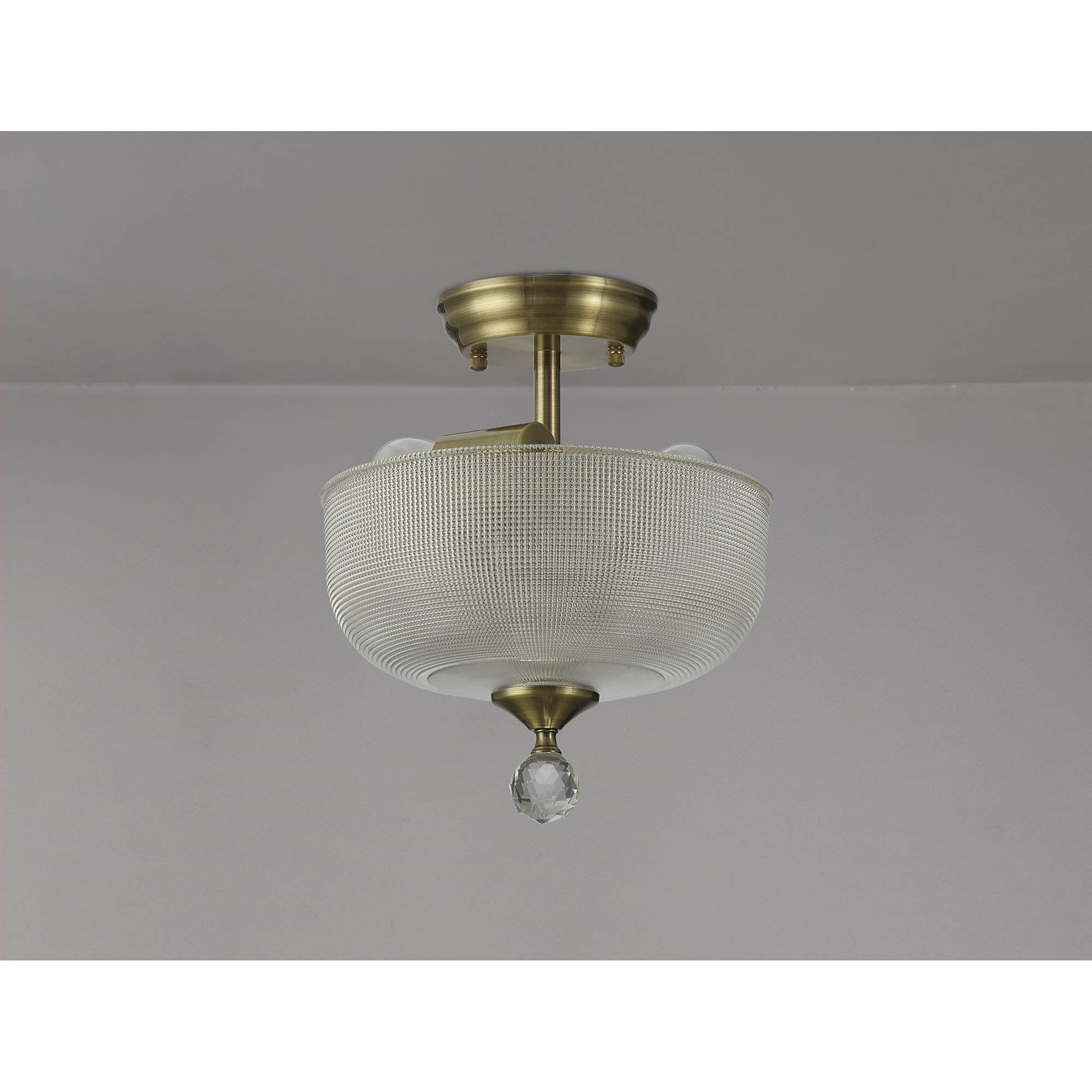 Fabula Mansfield 2 Light Semi-Flush Light - 26.5cm Round Prismatic Effect Glass Shade - Antique Brass & Clear Glass