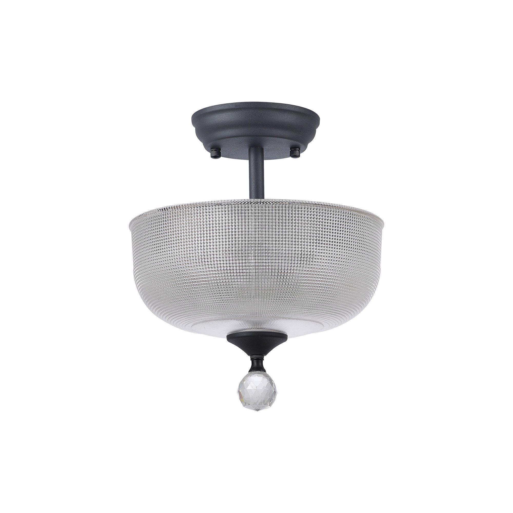 Fabula Mansfield 2 Light Semi-Flush Light - 26.5cm Round Prismatic Effect Glass Shade - Graphite & Clear Glass