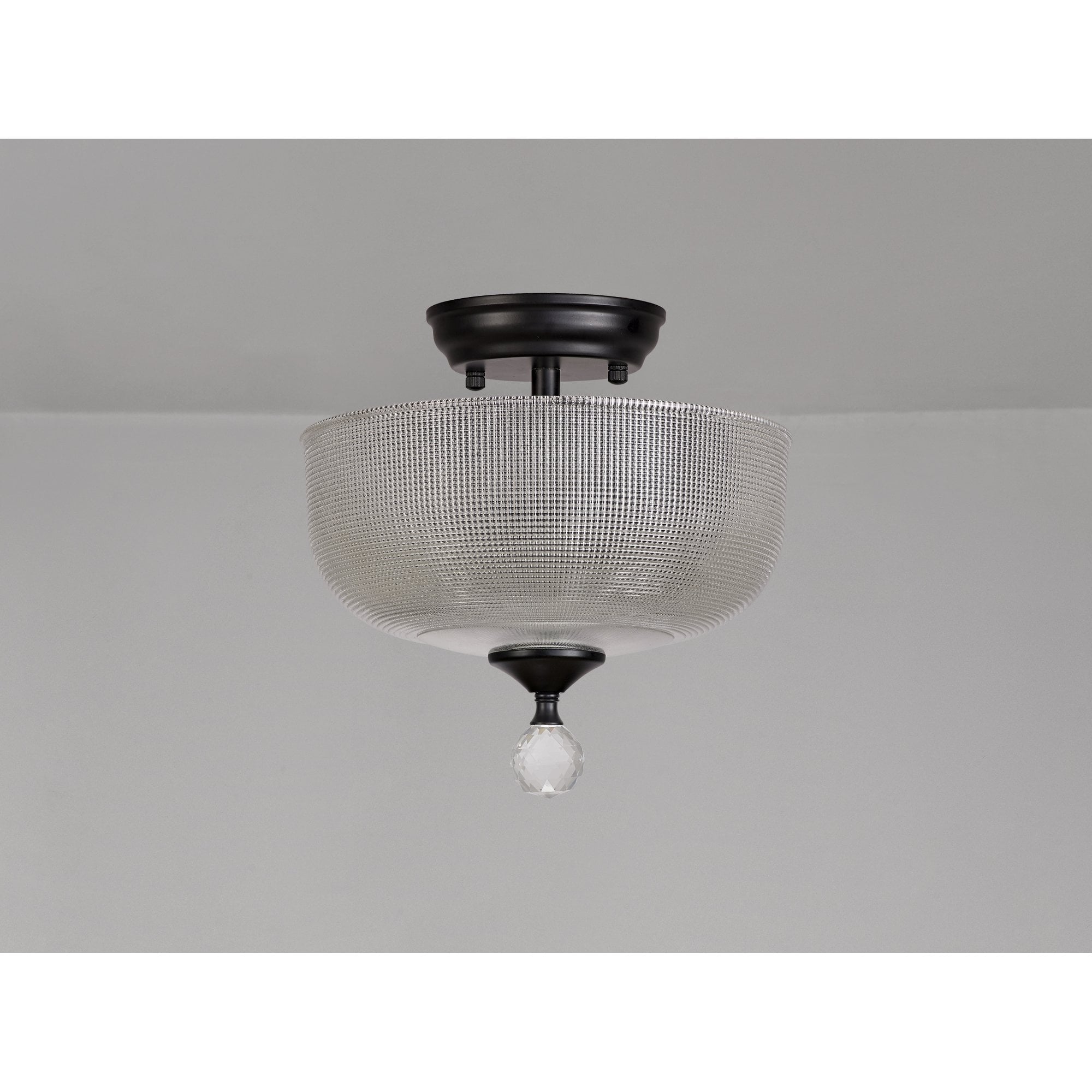 Fabula Mansfield 2 Light Semi-Flush Light - 26.5cm Round Prismatic Effect Glass Shade - Matt Black & Clear Glass