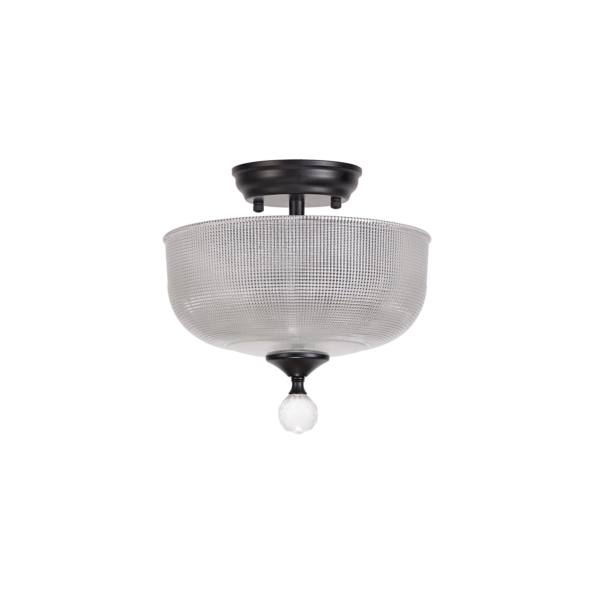 Fabula Mansfield 2 Light Semi-Flush Light - 26.5cm Round Prismatic Effect Glass Shade - Matt Black & Clear Glass
