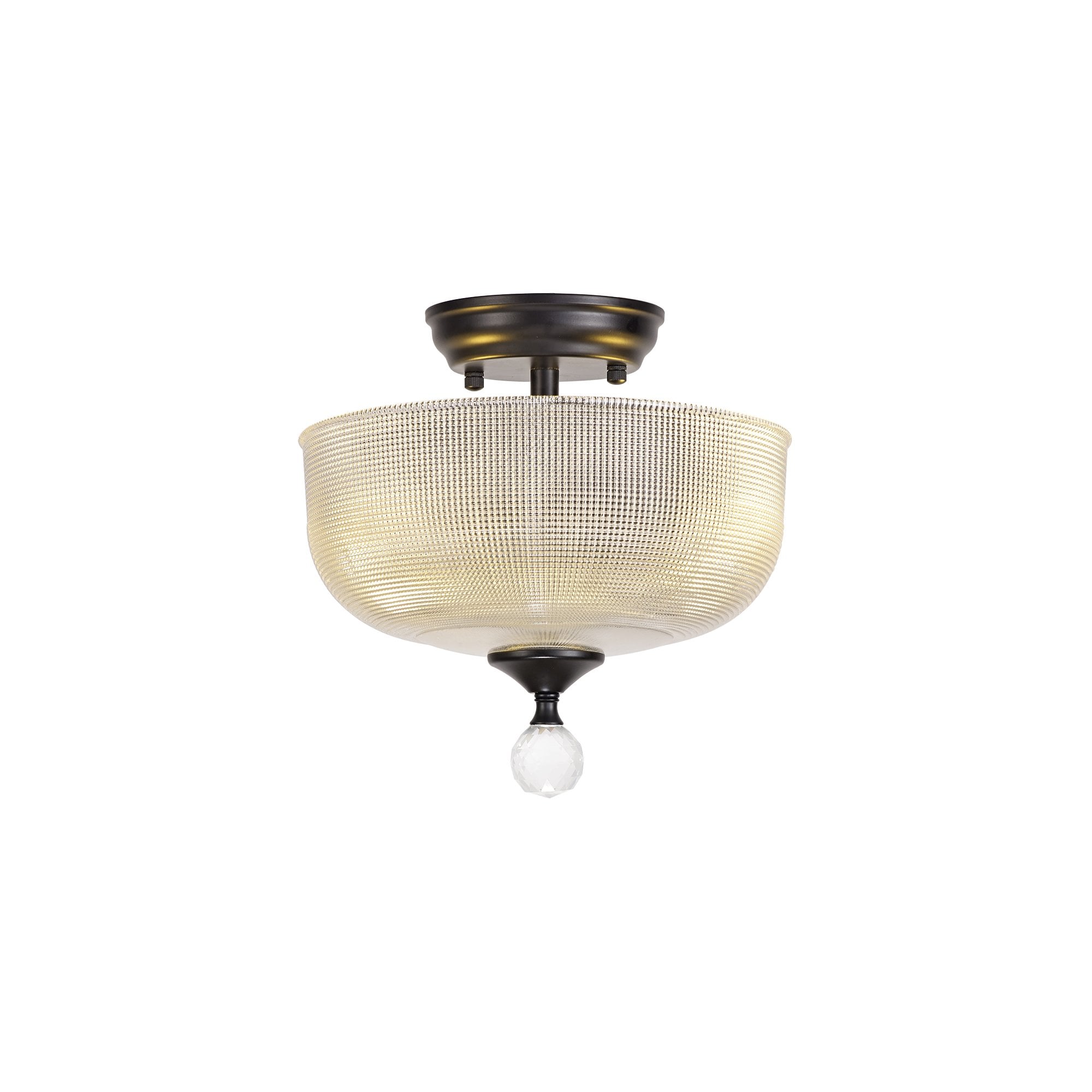 Fabula Mansfield 2 Light Semi-Flush Light - 26.5cm Round Prismatic Effect Glass Shade - Matt Black & Clear Glass