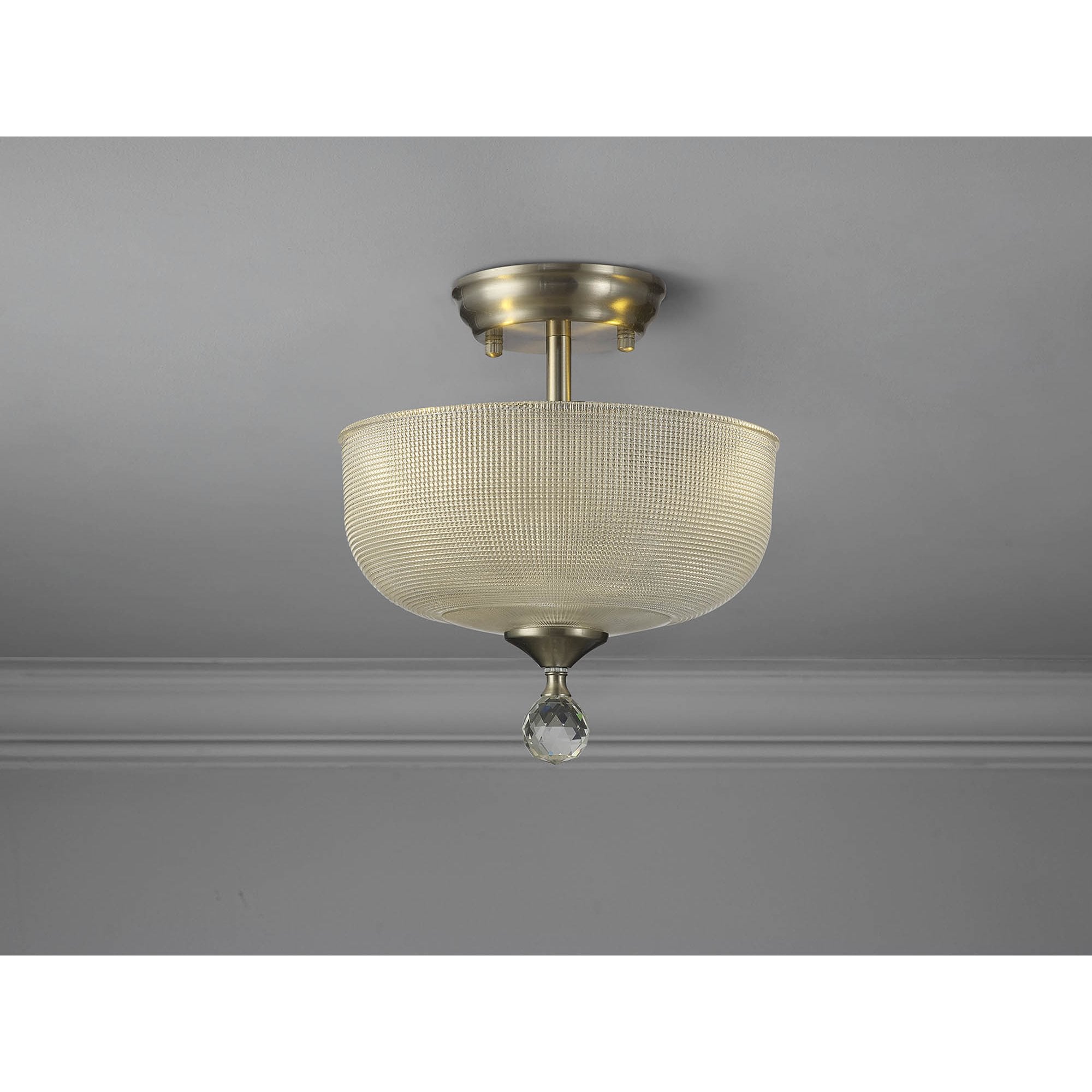 Fabula Mansfield 2 Light Semi-Flush Light - 26.5cm Round Prismatic Effect Glass Shade - Satin Nickel & Clear Glass
