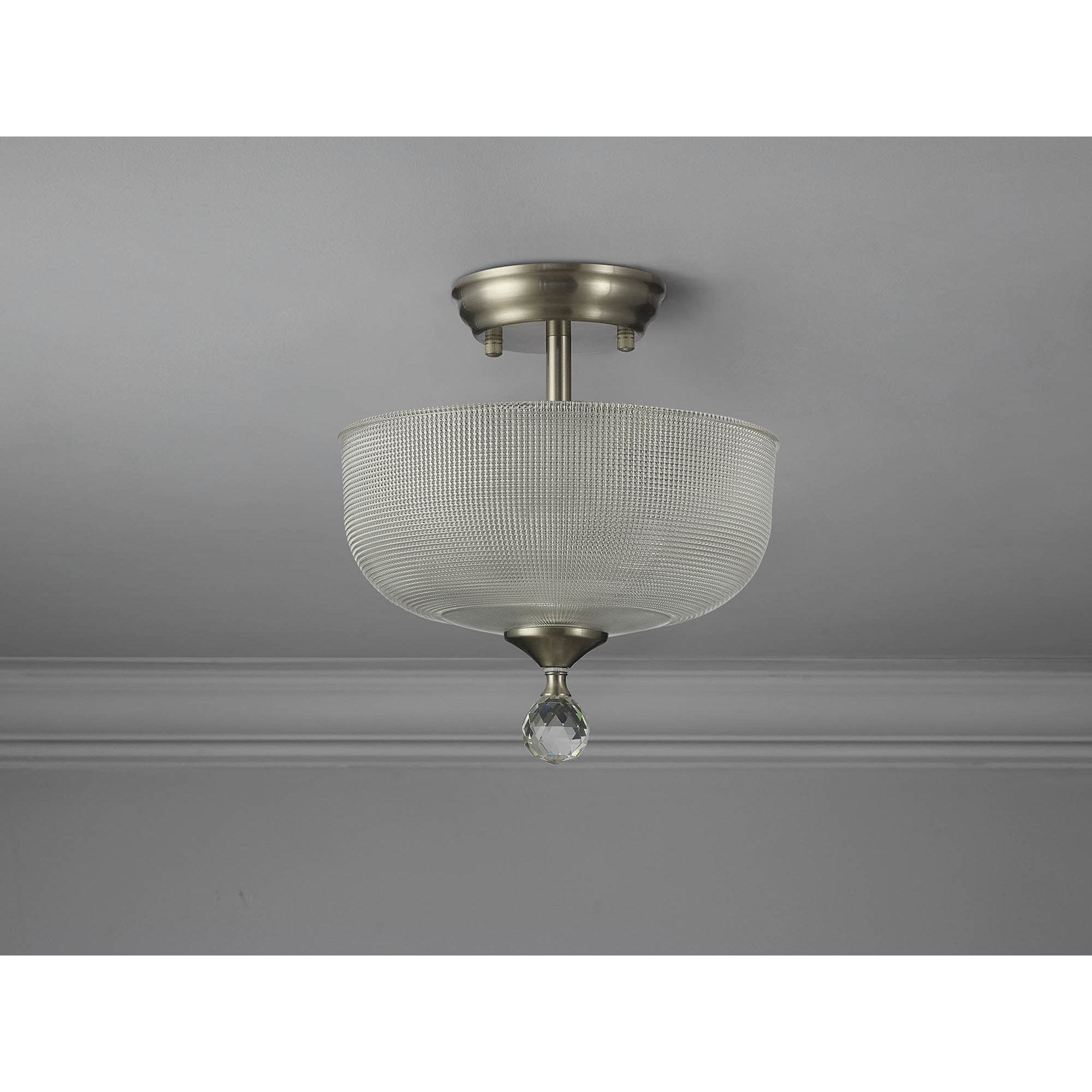 Fabula Mansfield 2 Light Semi-Flush Light - 26.5cm Round Prismatic Effect Glass Shade - Satin Nickel & Clear Glass