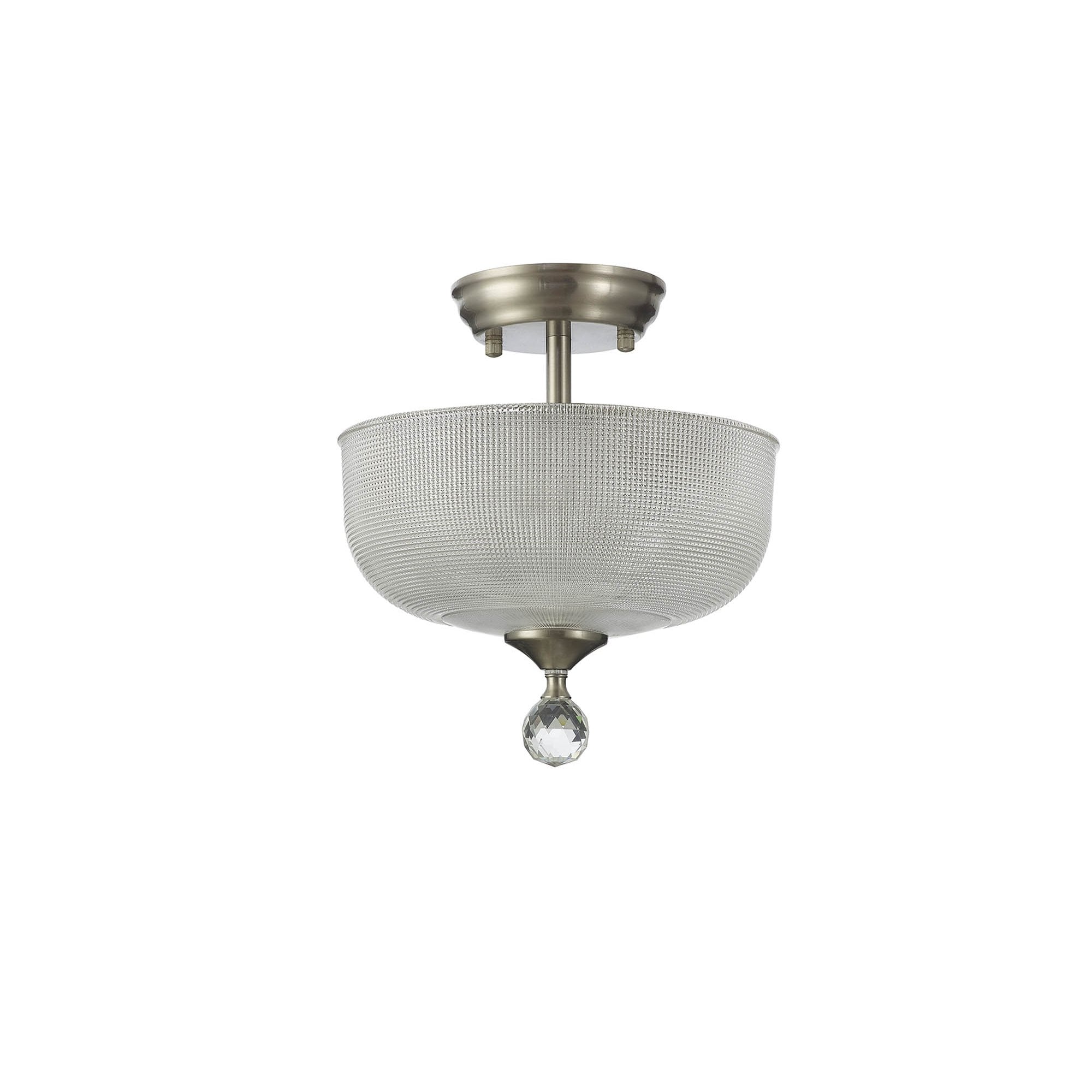Fabula Mansfield 2 Light Semi-Flush Light - 26.5cm Round Prismatic Effect Glass Shade - Satin Nickel & Clear Glass