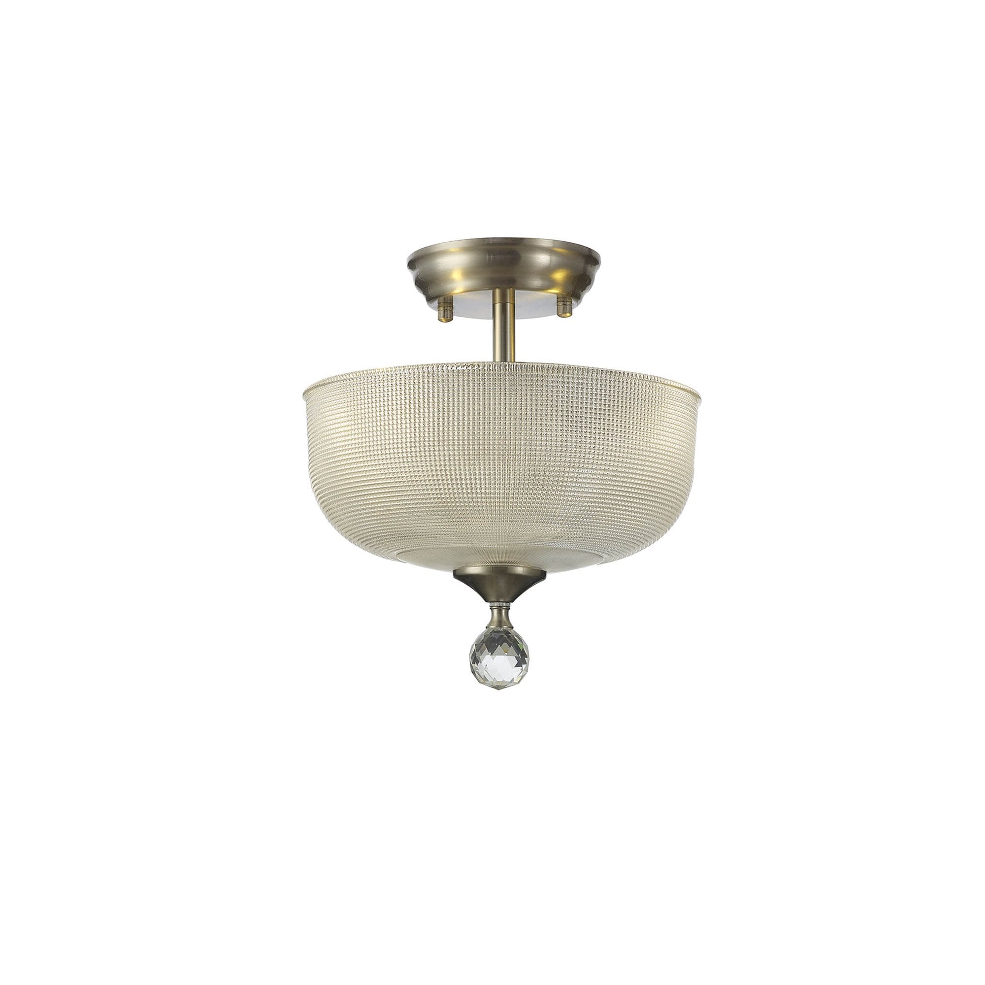 Fabula Mansfield 2 Light Semi-Flush Light - 26.5cm Round Prismatic Effect Glass Shade - Satin Nickel & Clear Glass