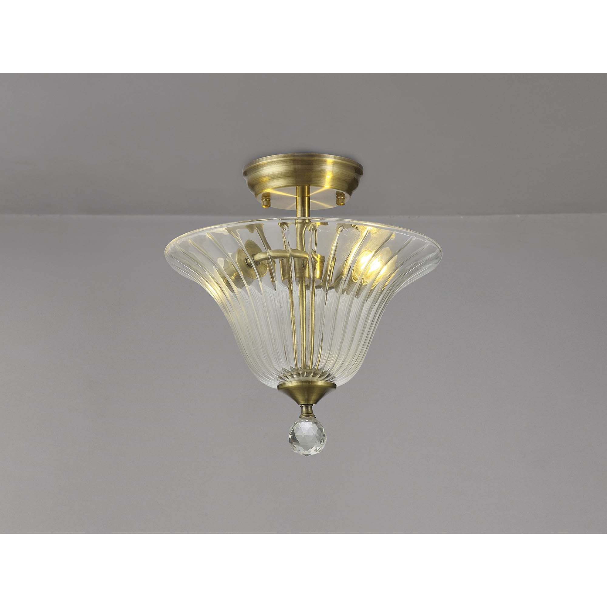 Fabula Mansfield 2 Light Semi-Flush Light - 30cm Bell Glass Shade - Antique Brass & Clear Glass