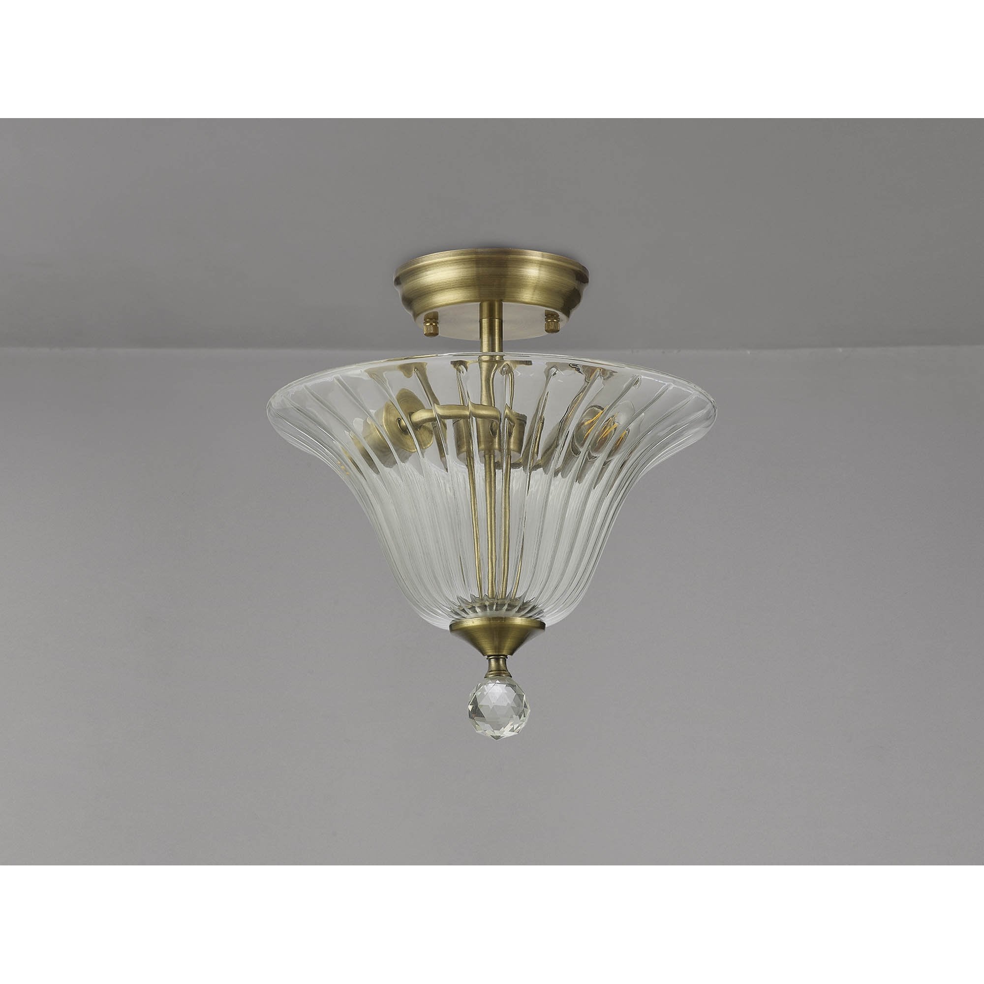 Fabula Mansfield 2 Light Semi-Flush Light - 30cm Bell Glass Shade - Antique Brass & Clear Glass