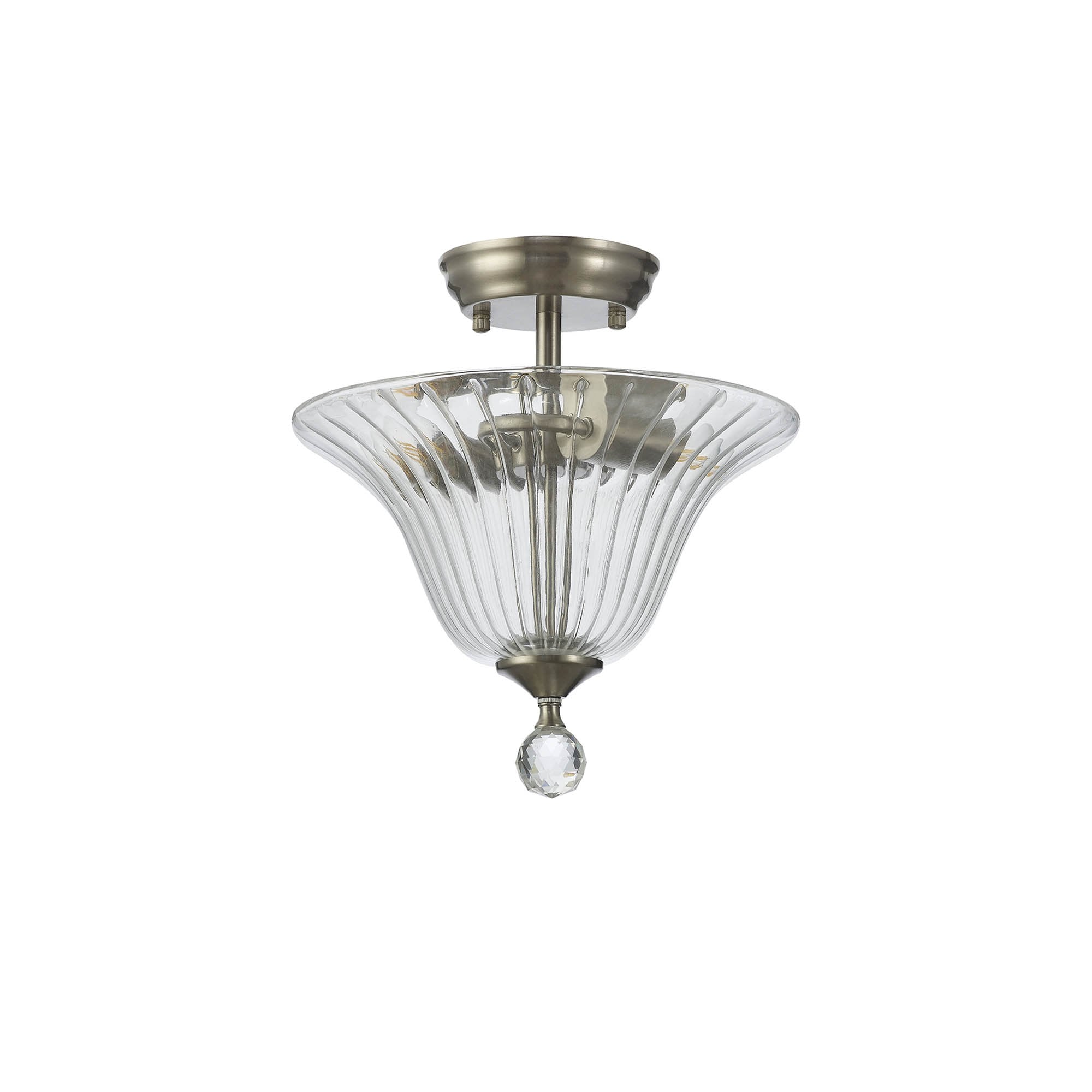 Fabula Mansfield 2 Light Semi-Flush Light - 30cm Bell Glass Shade - Satin Nickel & Clear Glass