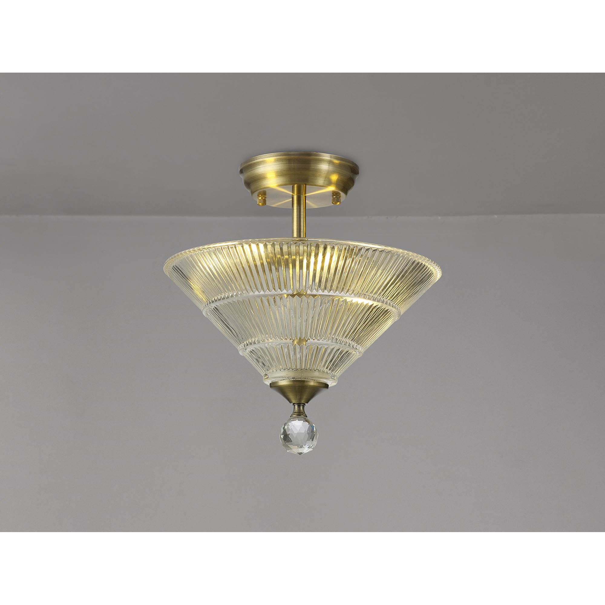 Fabula Mansfield 2 Light Semi-Flush Light - 30cm Cone Glass Shade - Antique Brass & Clear Glass