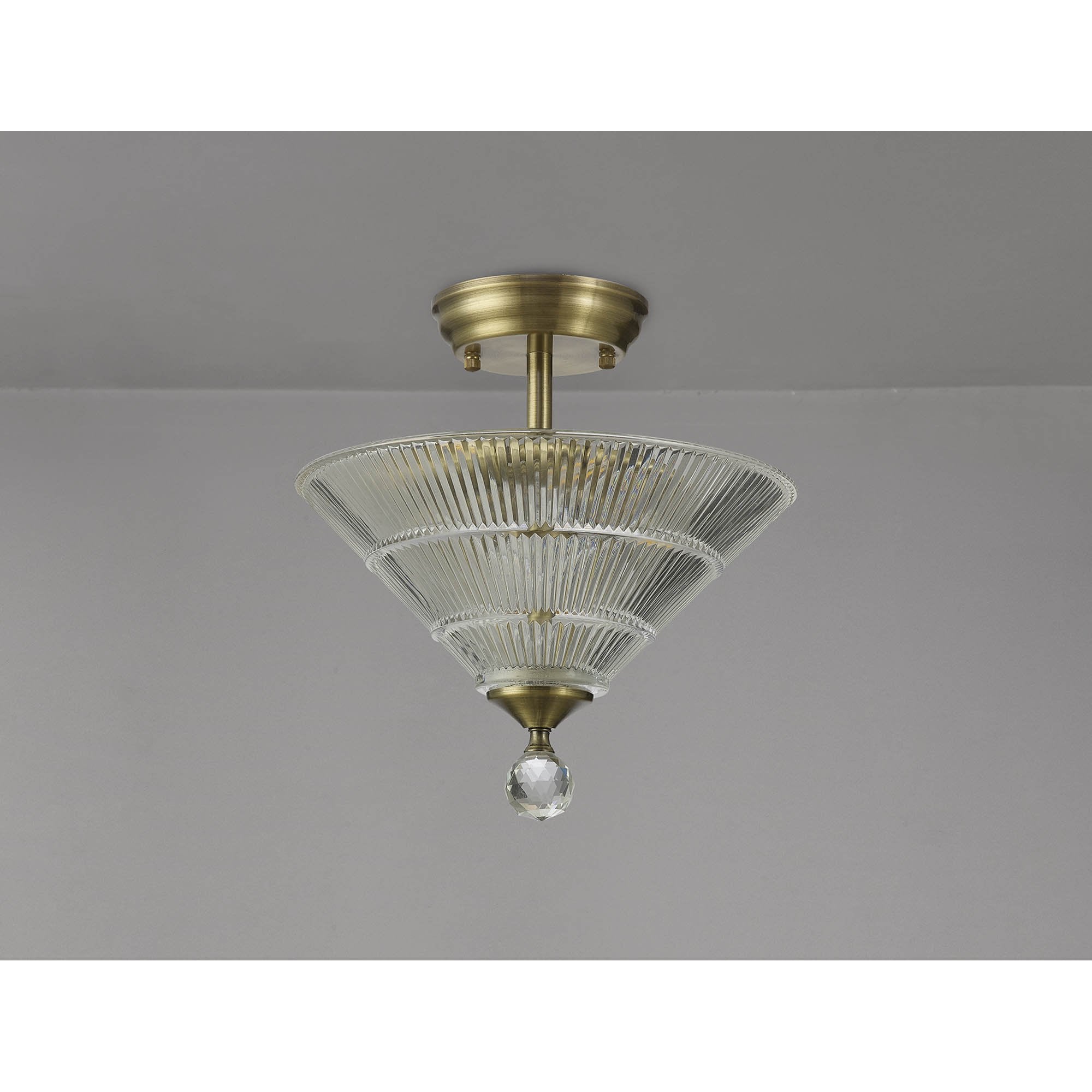 Fabula Mansfield 2 Light Semi-Flush Light - 30cm Cone Glass Shade - Antique Brass & Clear Glass