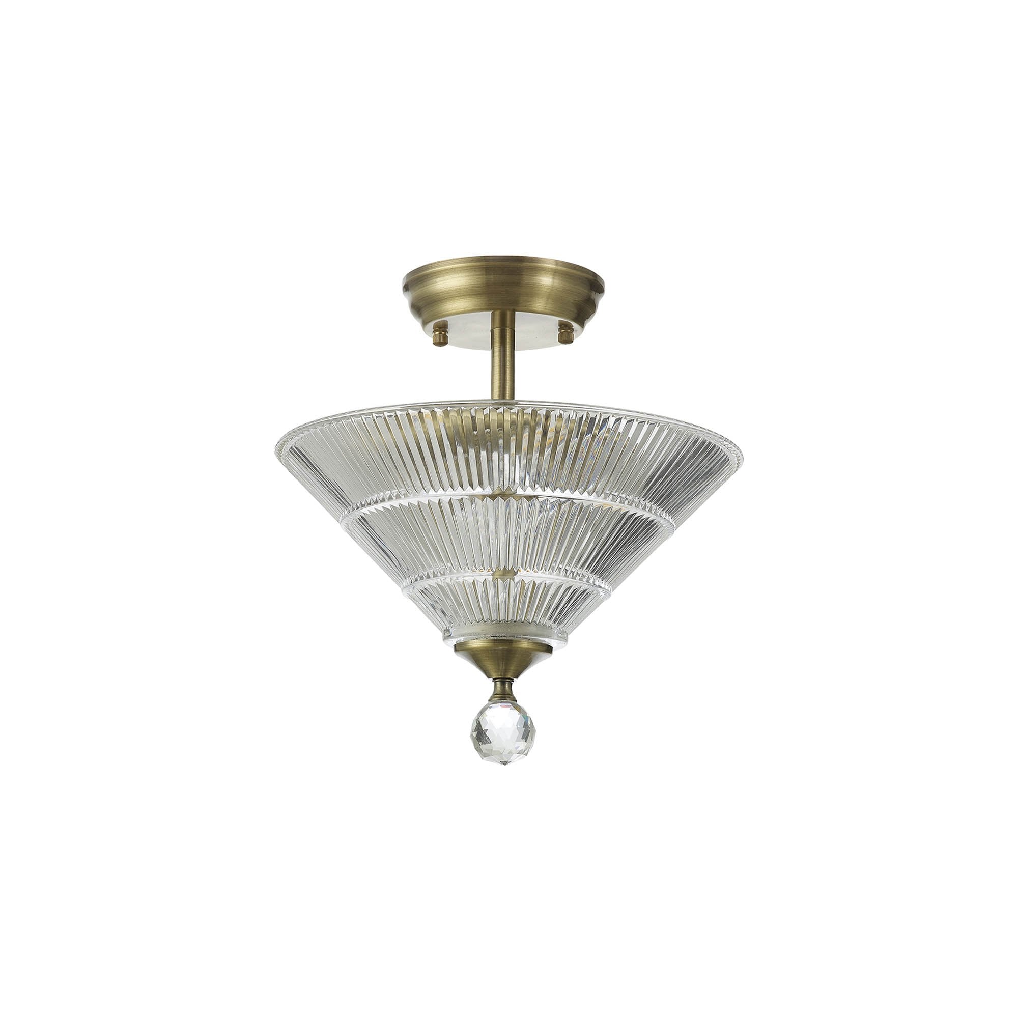 Fabula Mansfield 2 Light Semi-Flush Light - 30cm Cone Glass Shade - Antique Brass & Clear Glass