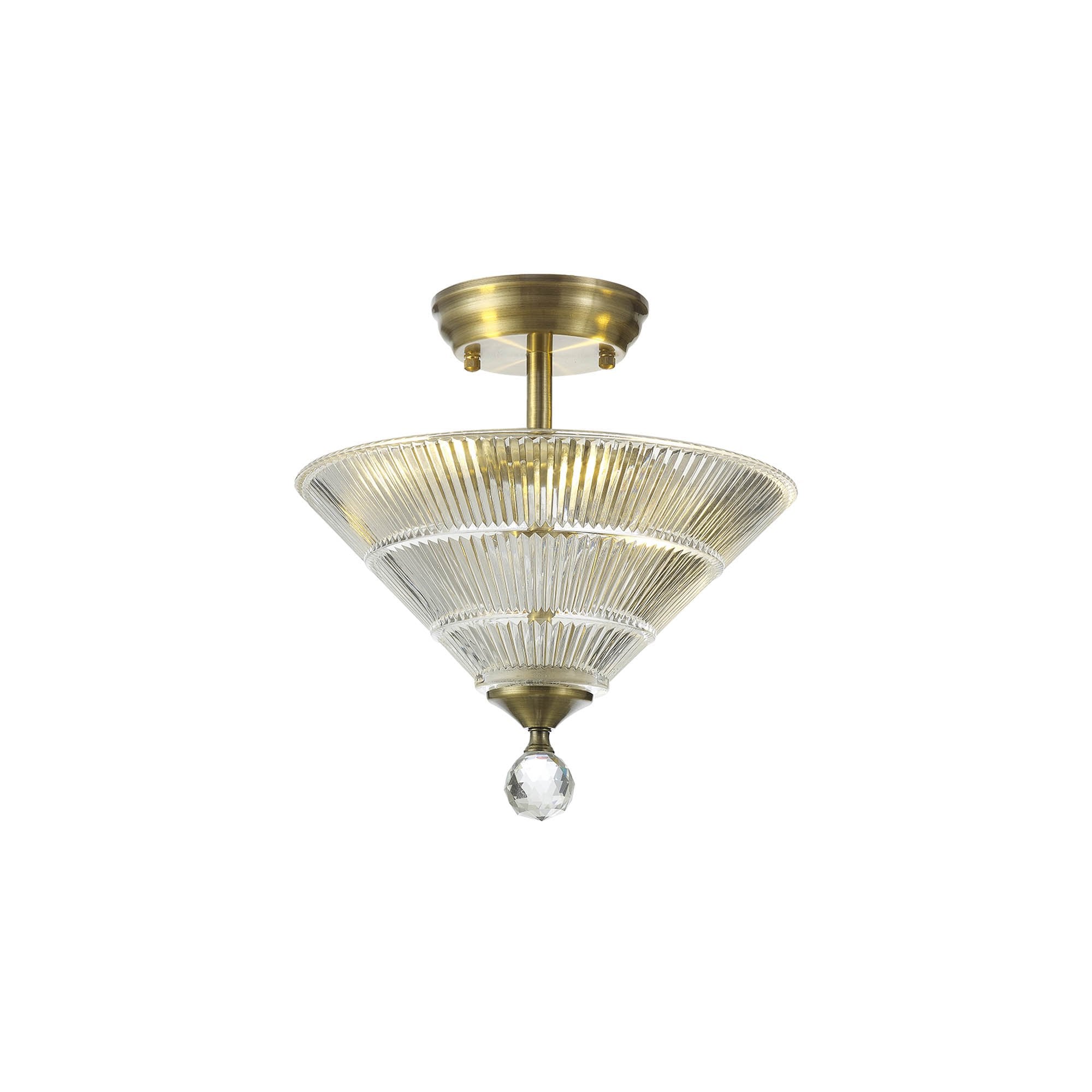 Fabula Mansfield 2 Light Semi-Flush Light - 30cm Cone Glass Shade - Antique Brass & Clear Glass