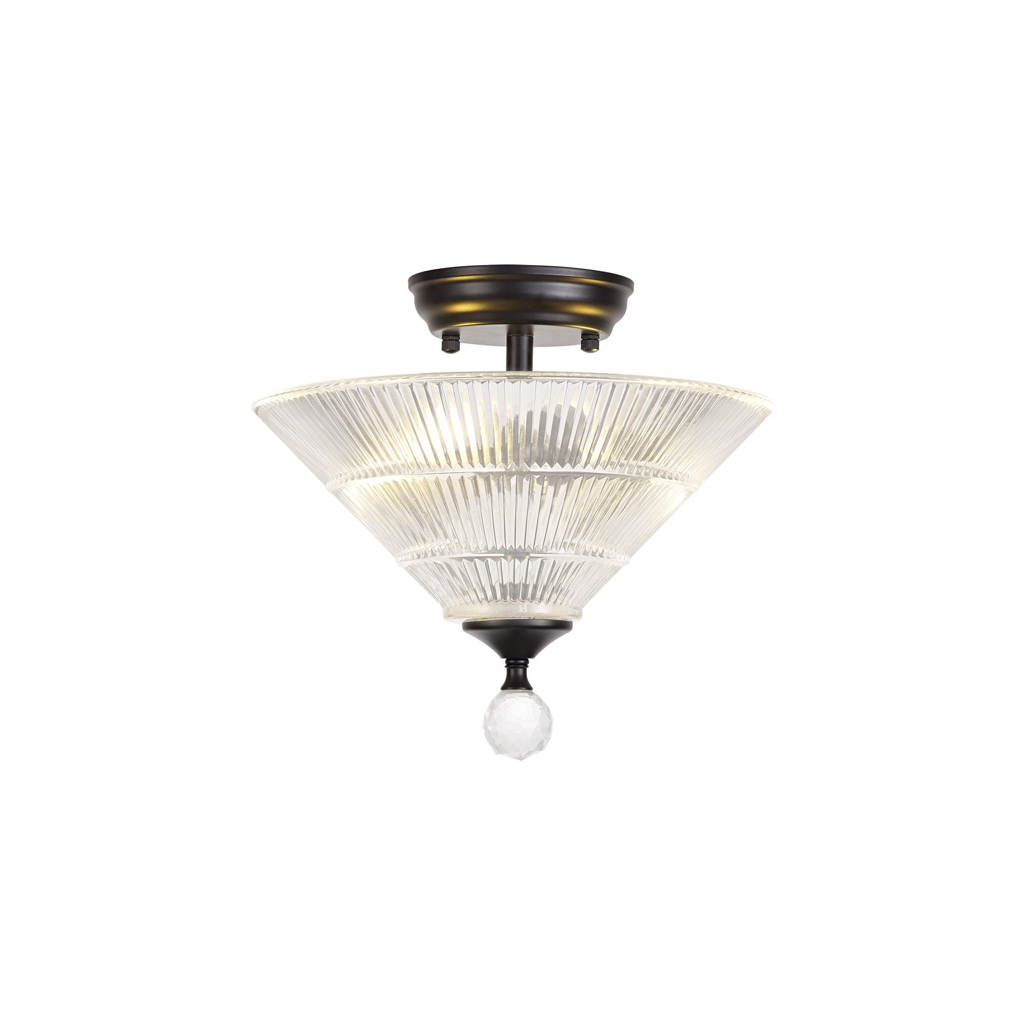Fabula Mansfield 2 Light Semi-Flush Light - 30cm Cone Glass Shade - Matt Black & Clear Glass