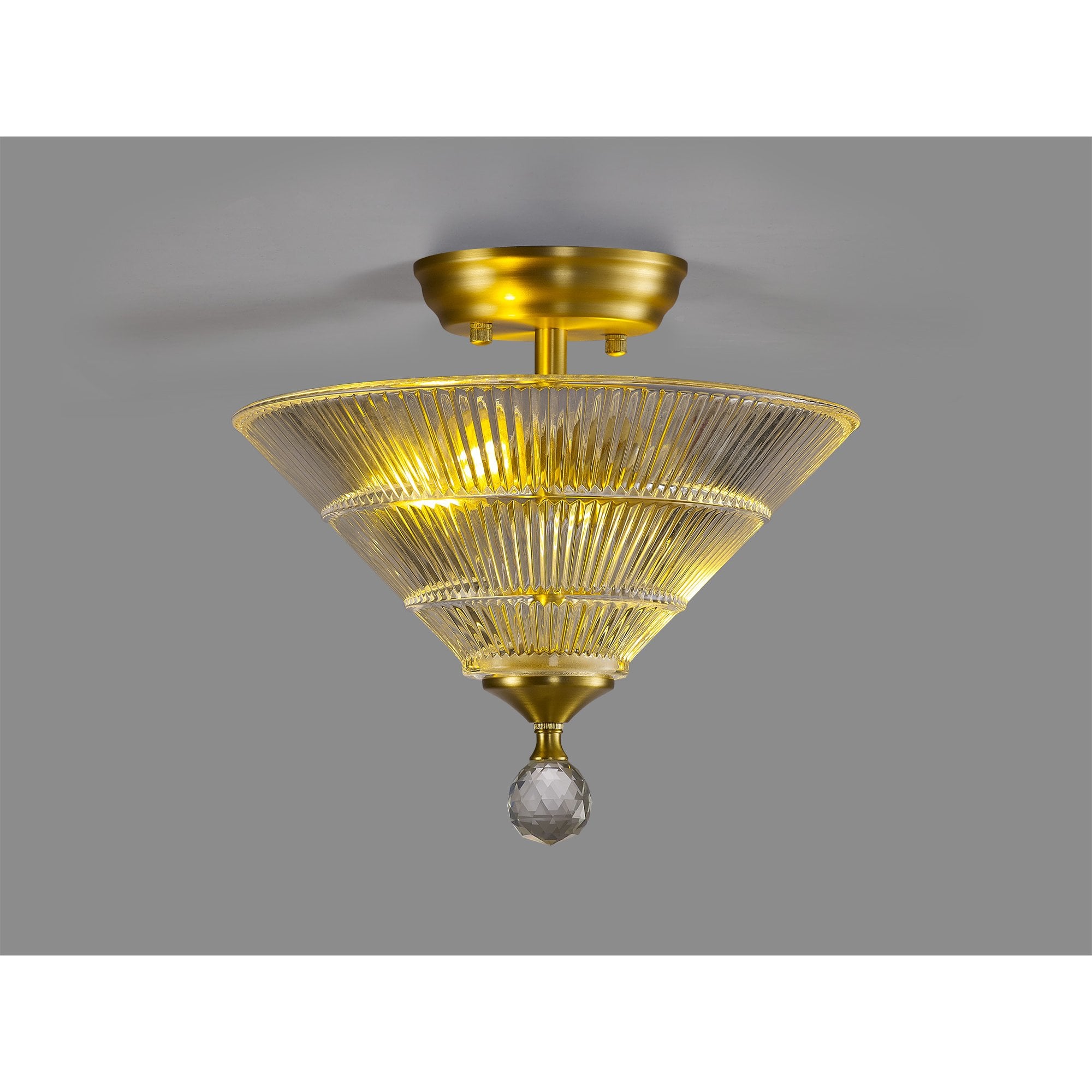 Fabula Mansfield 2 Light Semi-Flush Light - 30cm Cone Glass Shade - Satin Gold & Clear Glass