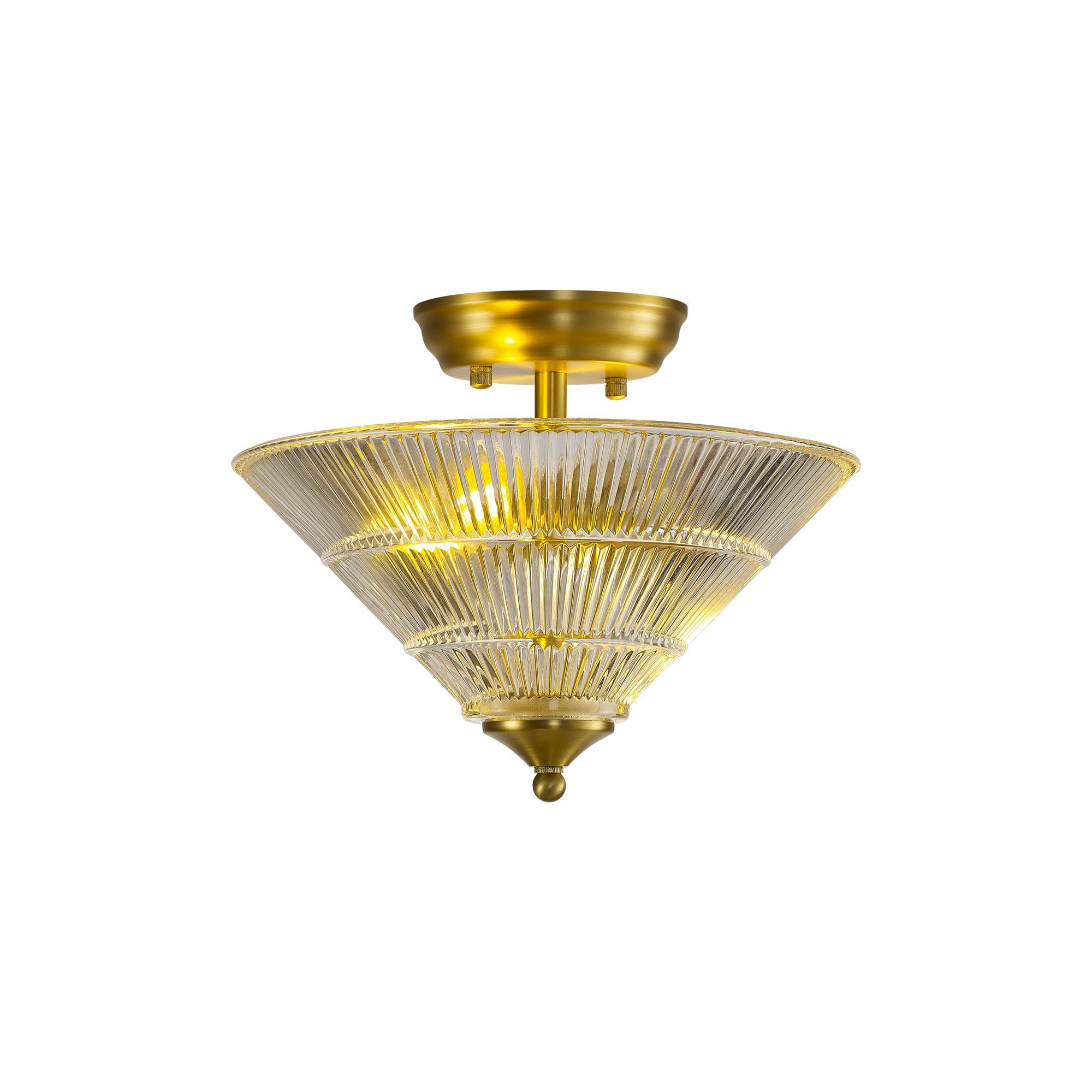 Fabula Mansfield 2 Light Semi-Flush Light - 30cm Cone Glass Shade - Satin Gold & Clear Glass