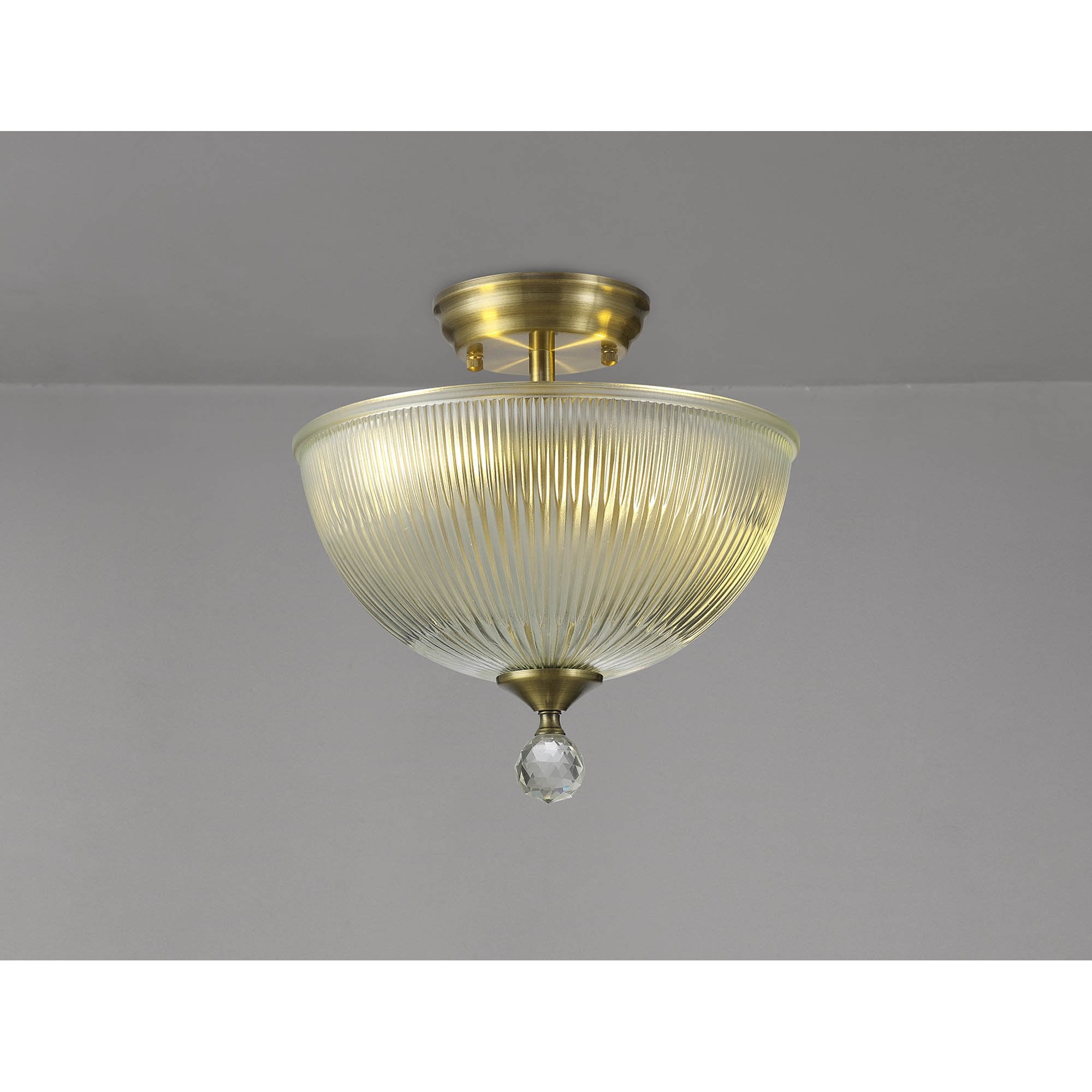 Fabula Mansfield 2 Light Semi-Flush Light - 30cm Dome Glass Shade - Antique Brass & Clear Glass
