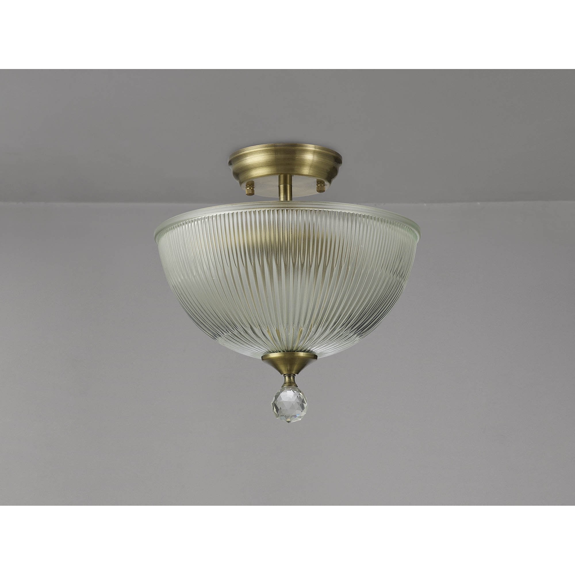 Fabula Mansfield 2 Light Semi-Flush Light - 30cm Dome Glass Shade - Antique Brass & Clear Glass