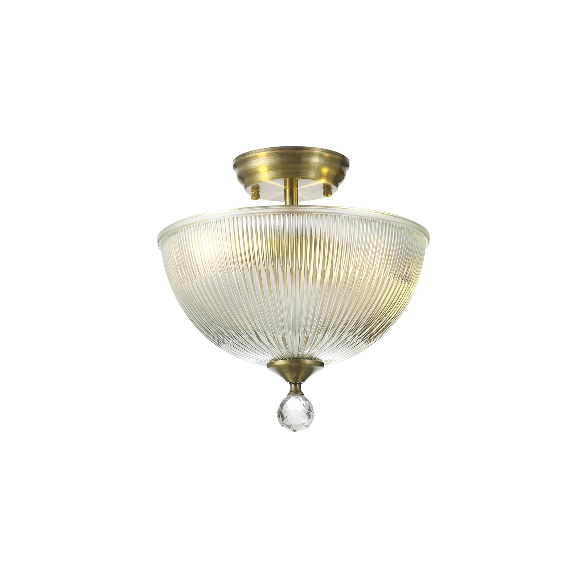 Fabula Mansfield 2 Light Semi-Flush Light - 30cm Dome Glass Shade - Antique Brass & Clear Glass