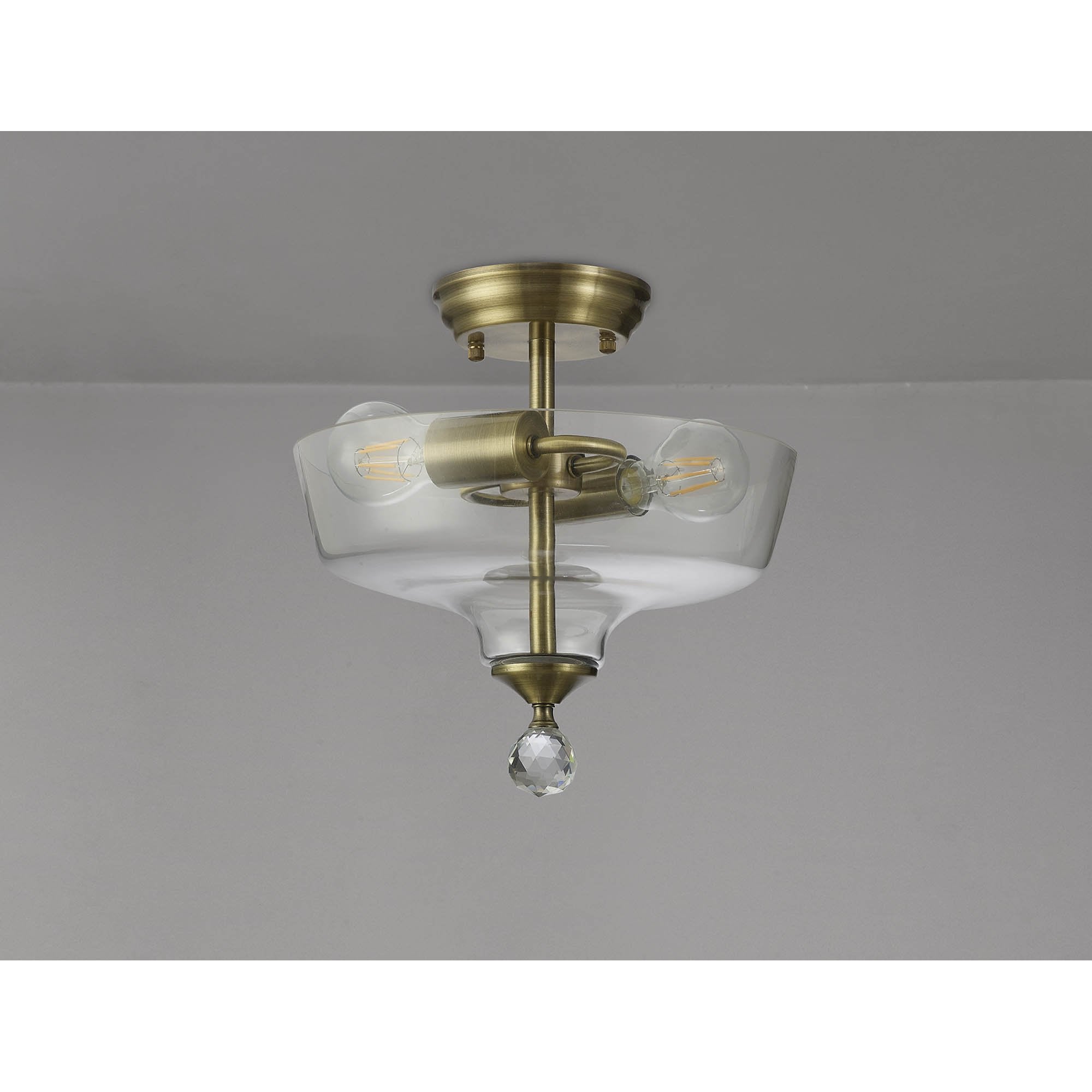 Fabula Mansfield 2 Light Semi-Flush Light - 30cm Flat Round Glass Shade - Antique Brass & Clear Glass