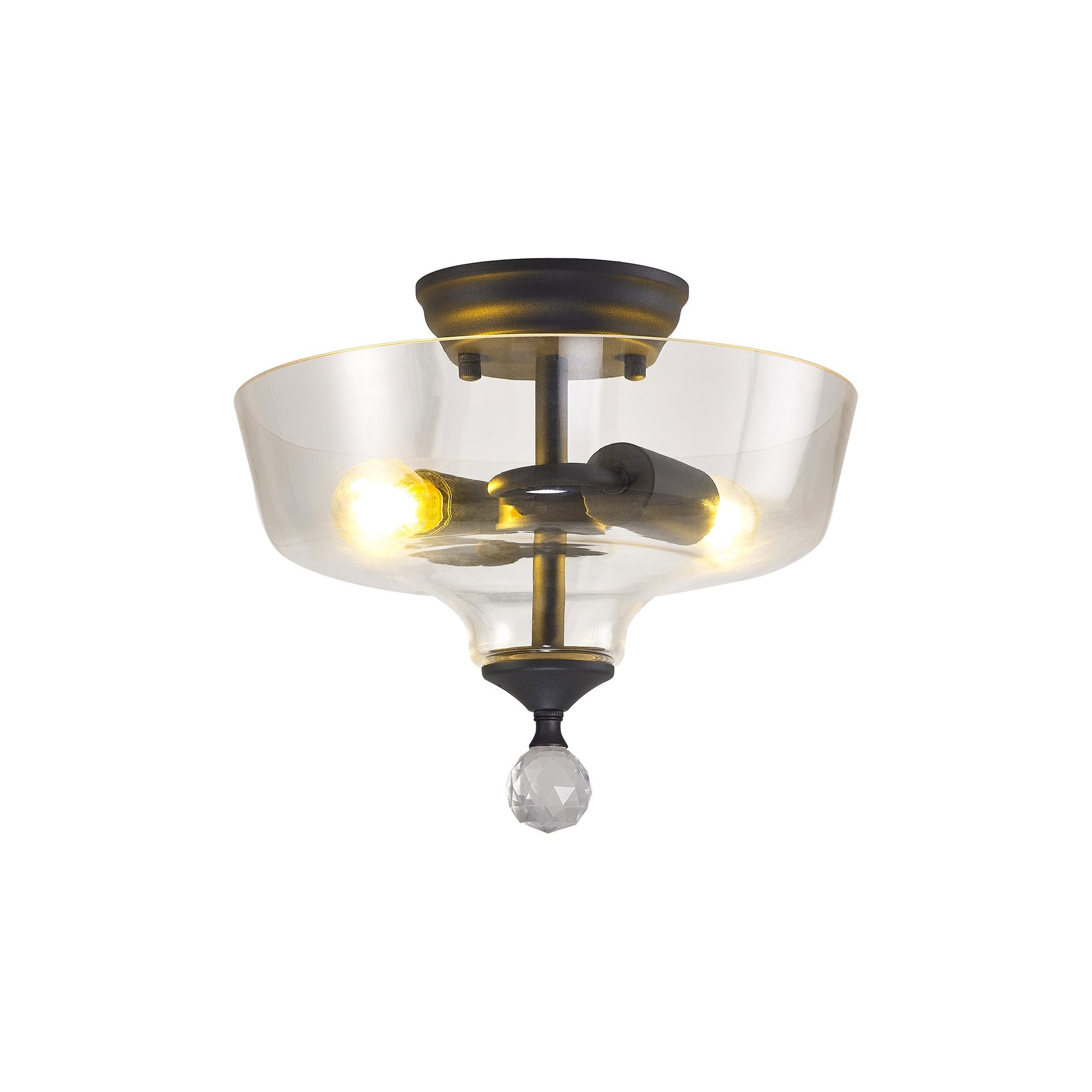Fabula Mansfield 2 Light Semi-Flush Light - 30cm Flat Round Glass Shade - Graphite & Clear Glass