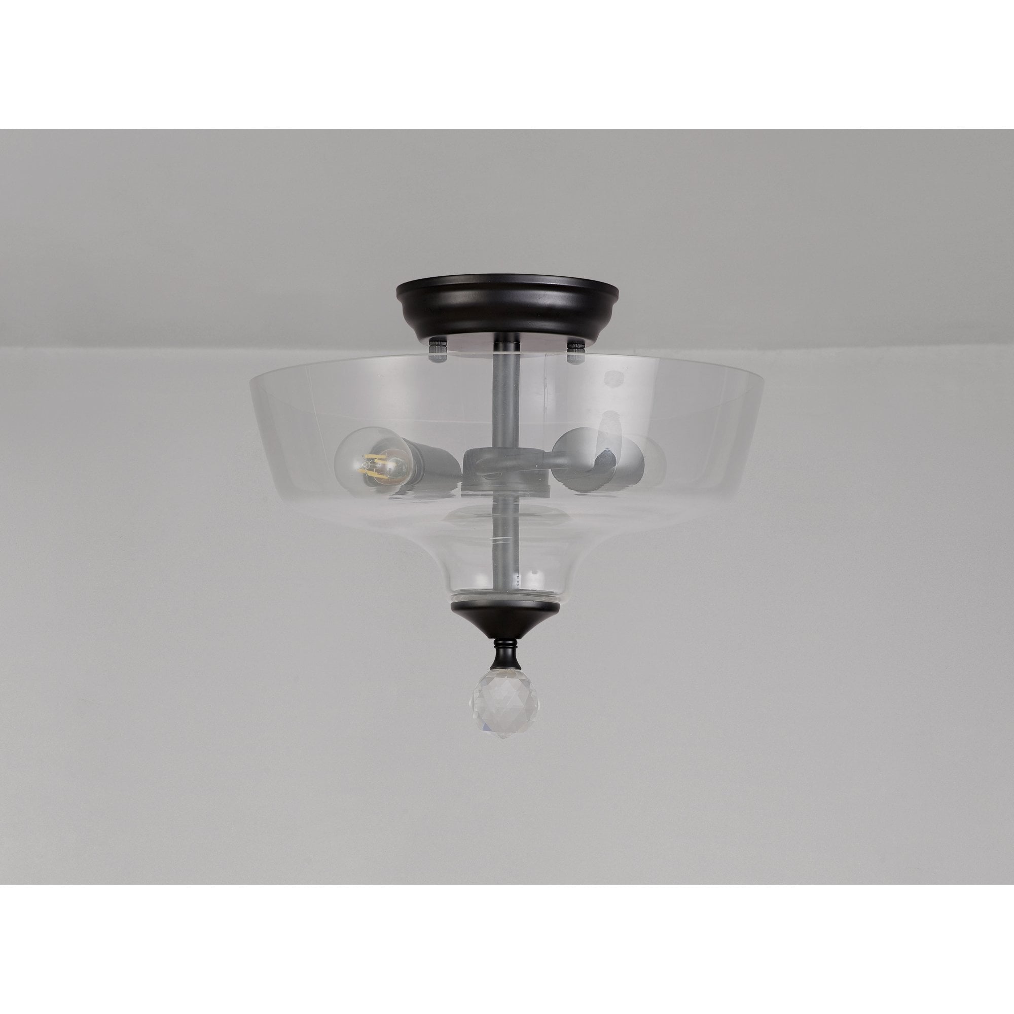 Fabula Mansfield 2 Light Semi-Flush Light - 30cm Flat Round Glass Shade - Matt Black & Clear Glass